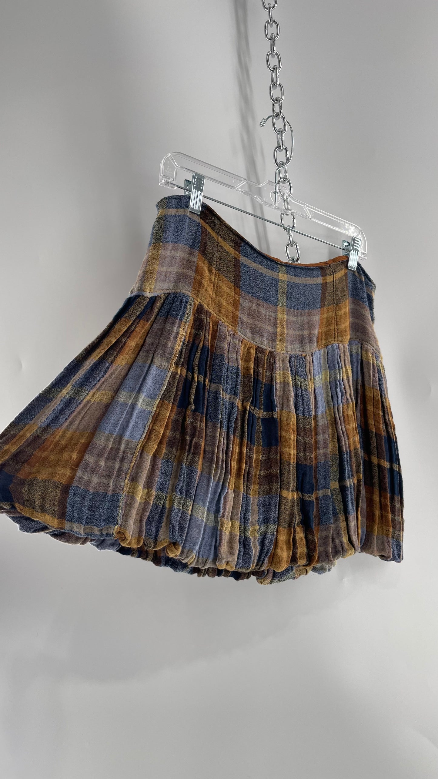 Free People Plaid Blue Brown Mini Skirt with Balloon Hem with Tags Attached (12)