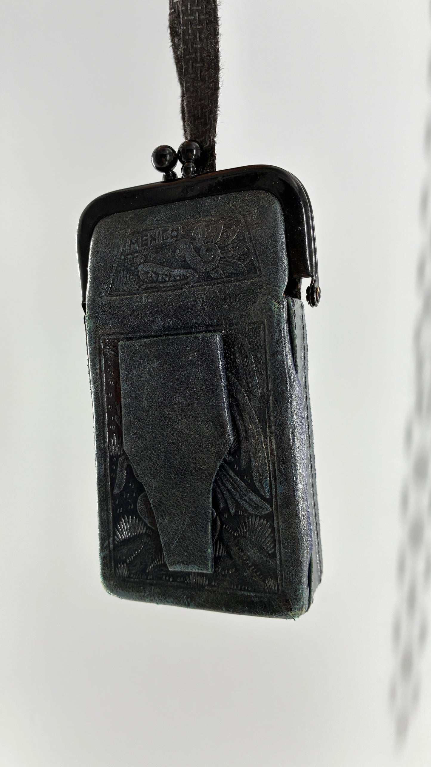 Vintage Mexican Black Engraved Leather Cigarette Pouch with Lighter Holster