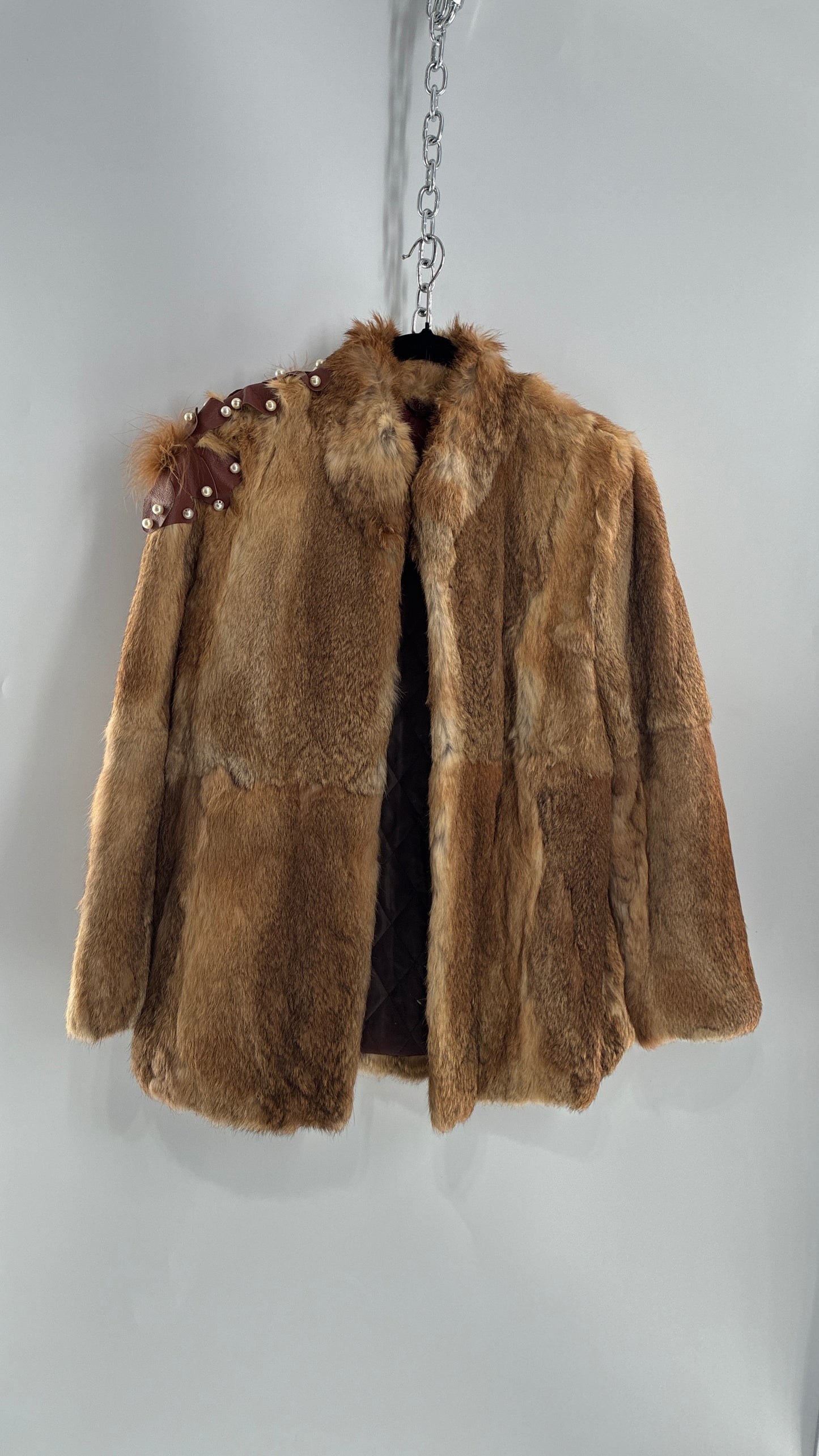 Vintage OPERA Montreal New York Genuine Fur Coat with Pearl Embellished Leather Flower Appliqués (Medium)