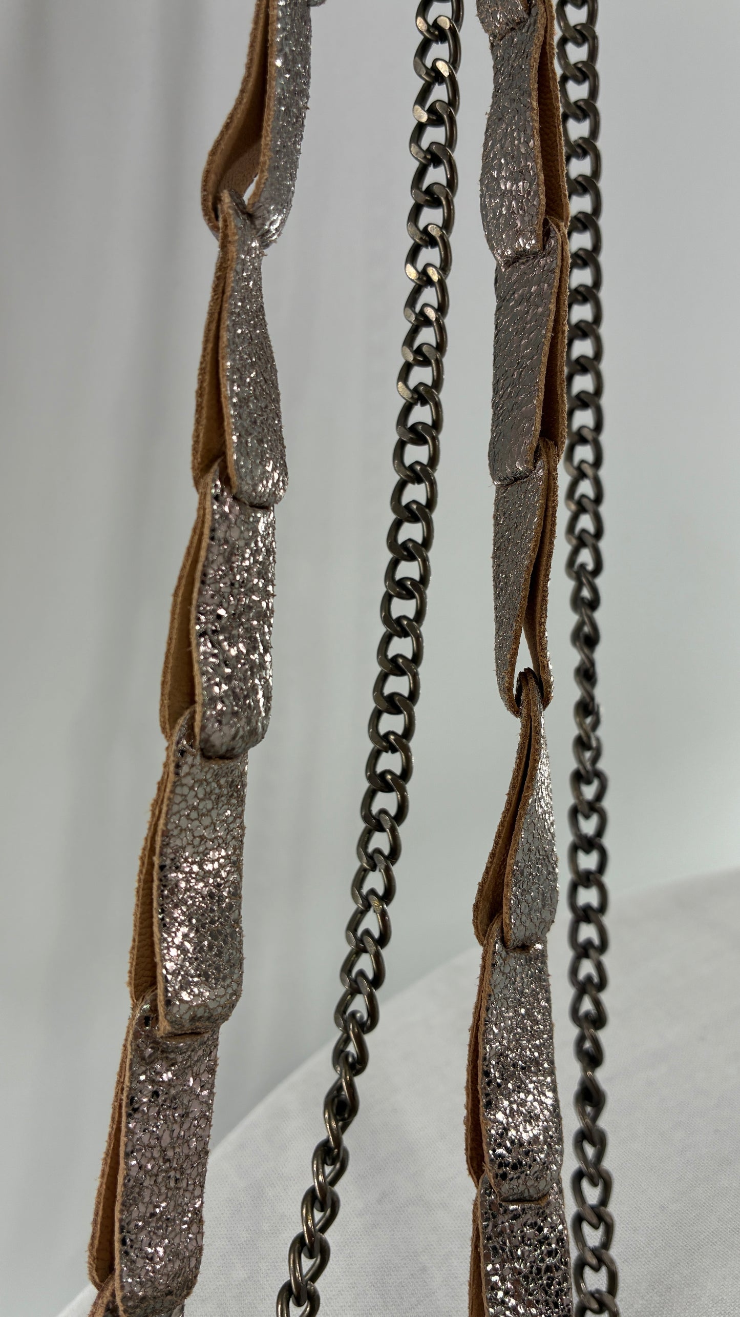 Free People Silver Gun Metal Metallic Goat Leather Wallet with Leather and Chain Straps