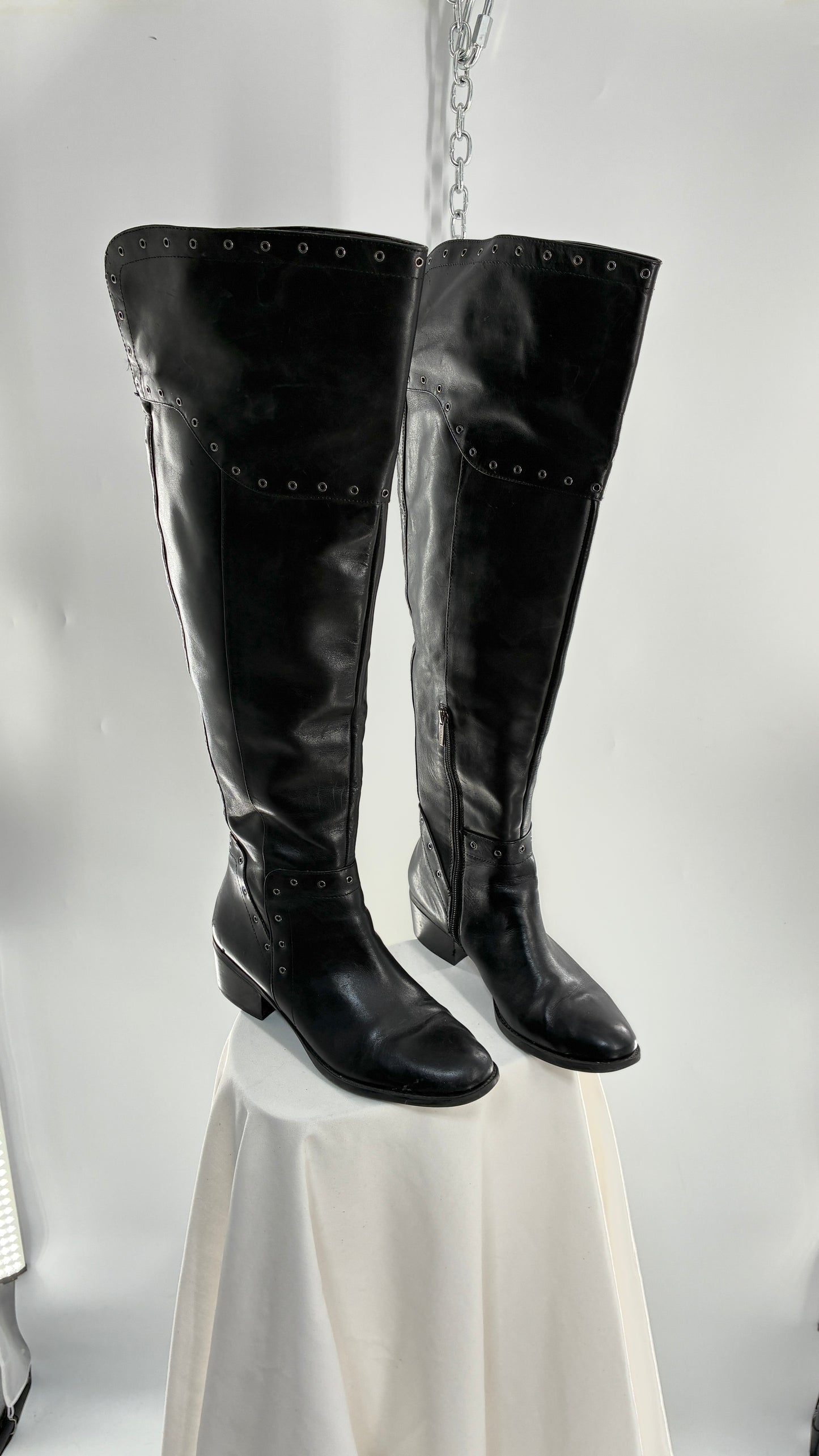 VINCE CAMUTO Genuine Leather Black Over the Knee, Thigh High Boots with Studding Details (11/41)
