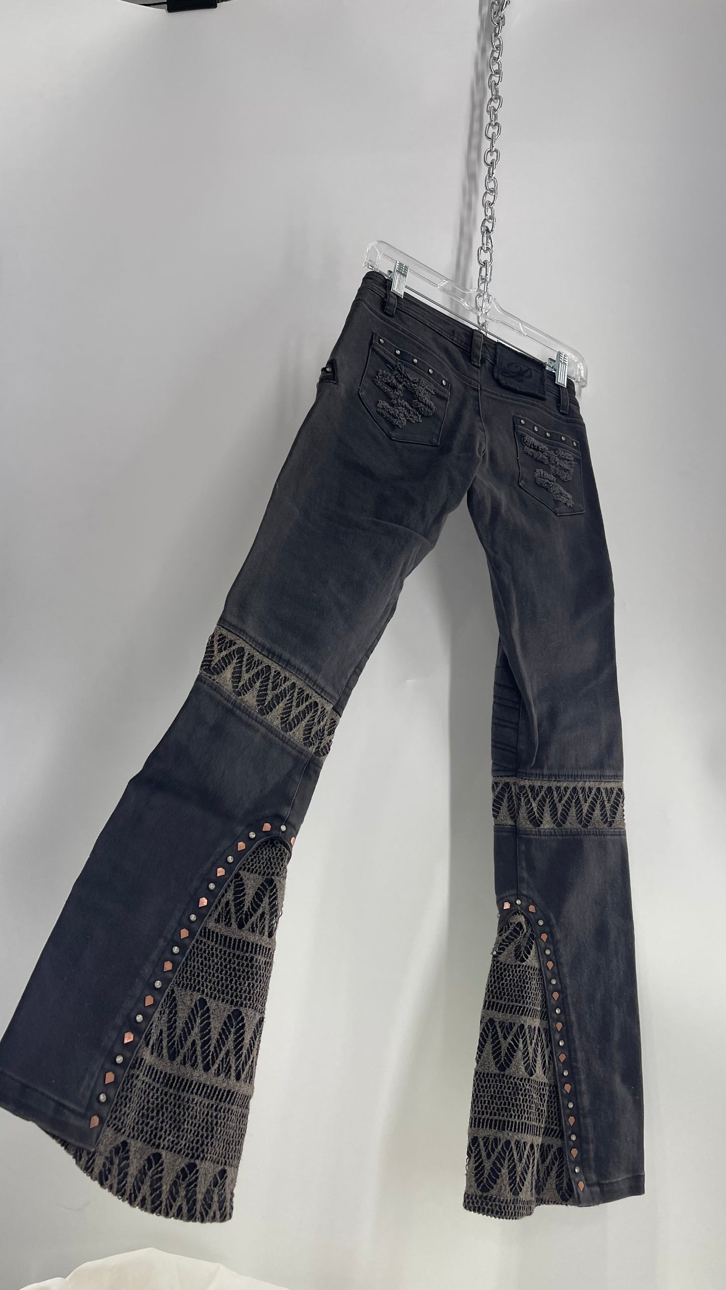 Vintage Rare PSYLO 1990s Low Rise Kick Flare Jeans with Studs, Lace and Hardware (38)