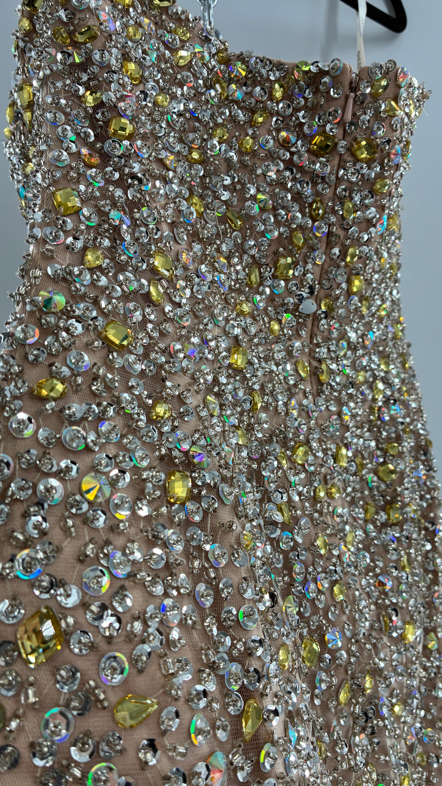 Vintage SHERRI HILL Nude Tan Underlay Mini Dress, Full Bedazzled and Covered in Beads  (6)