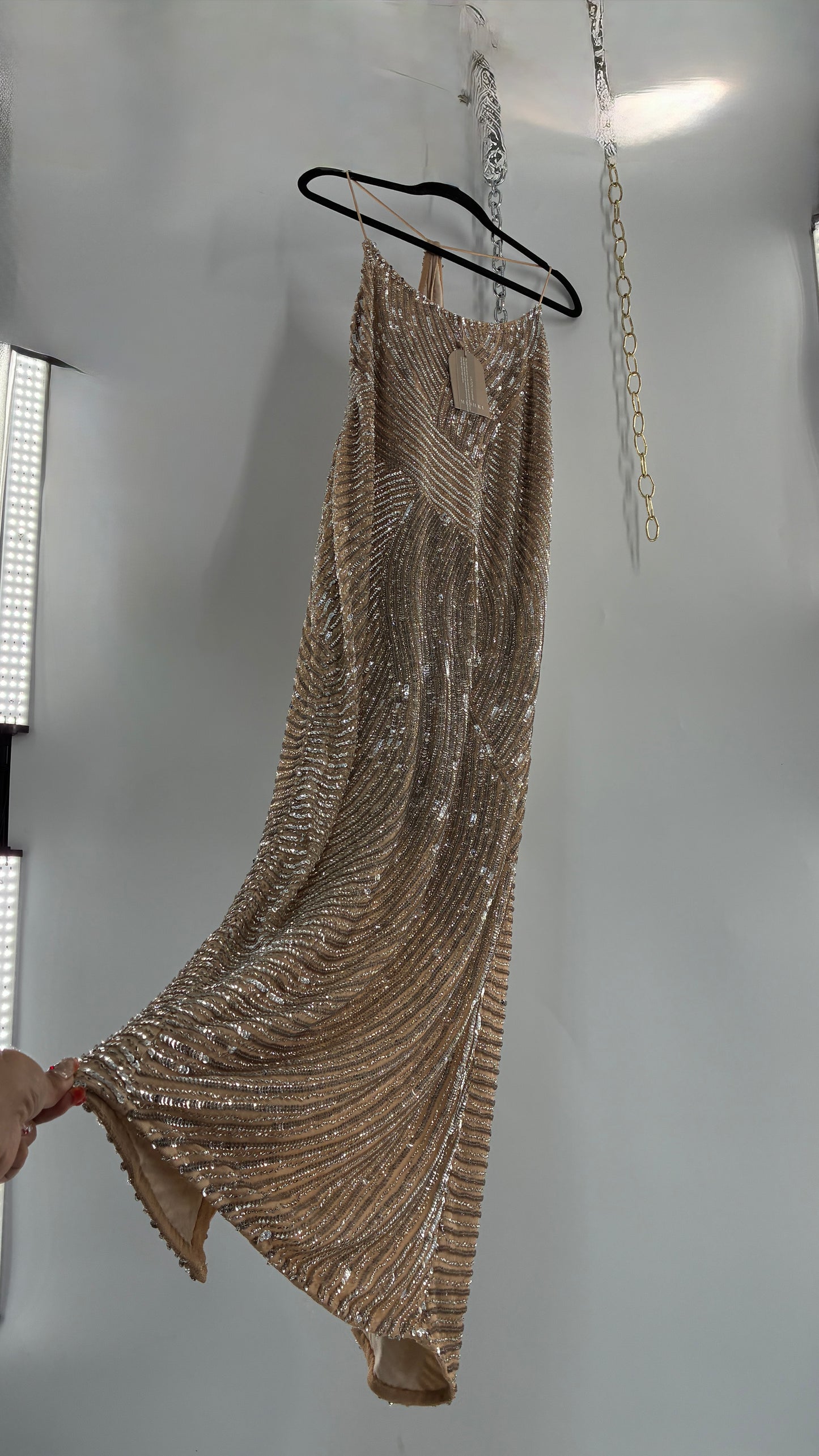 MESHKI Tierra Nude Full Length Dress with Silver Sequins with Tags Attached (XXXL)