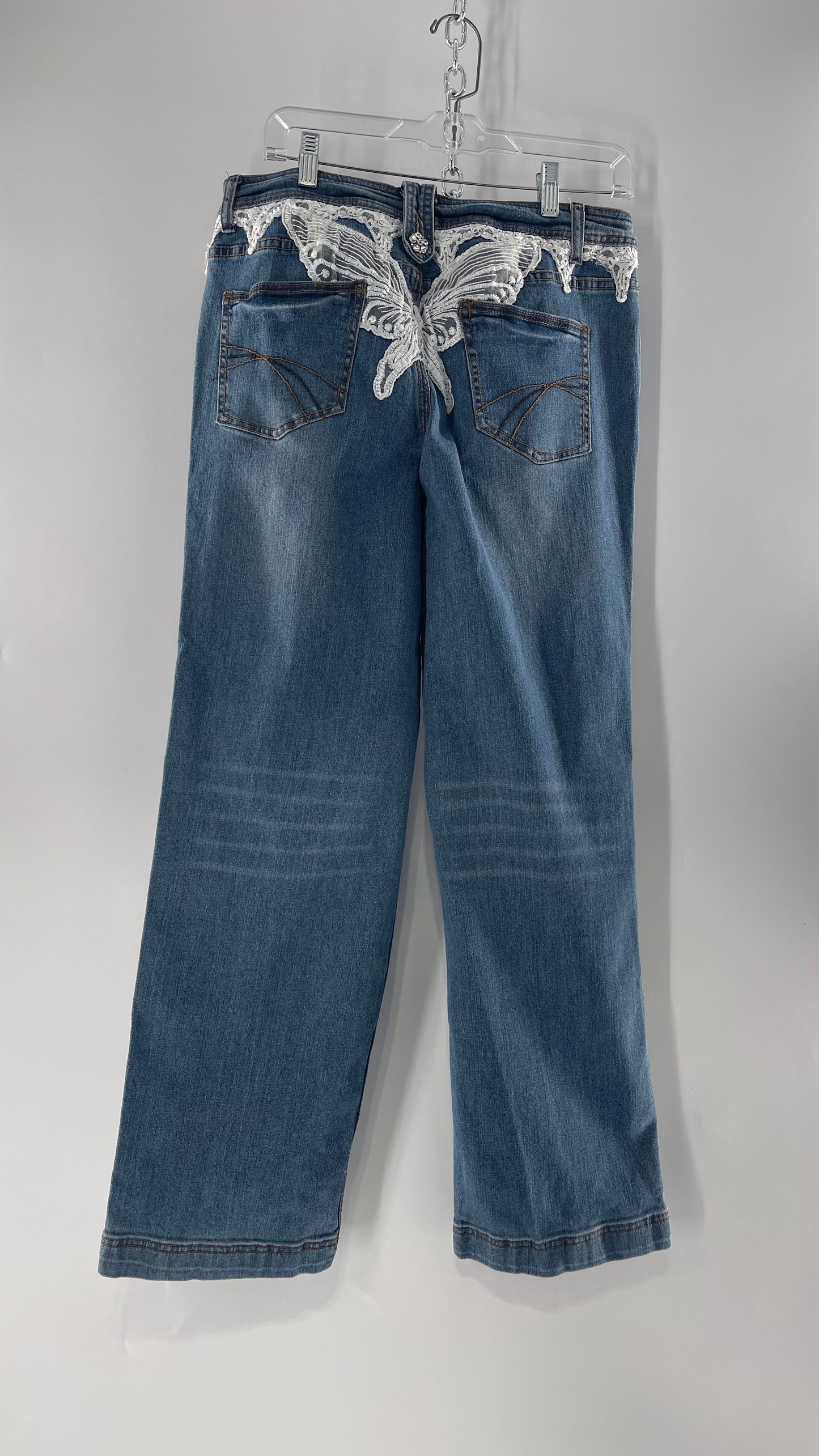 Vintage Midnight Velvet Light Wash Jeans with White Lace Butterfly on Bum (12)