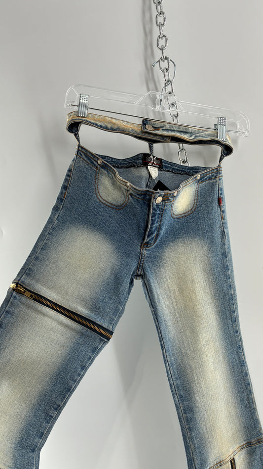 Vintage XCESO JEANS Rare Faded Double Waistband Kickflare Jeans with Functional Zipper Details (Medium*)