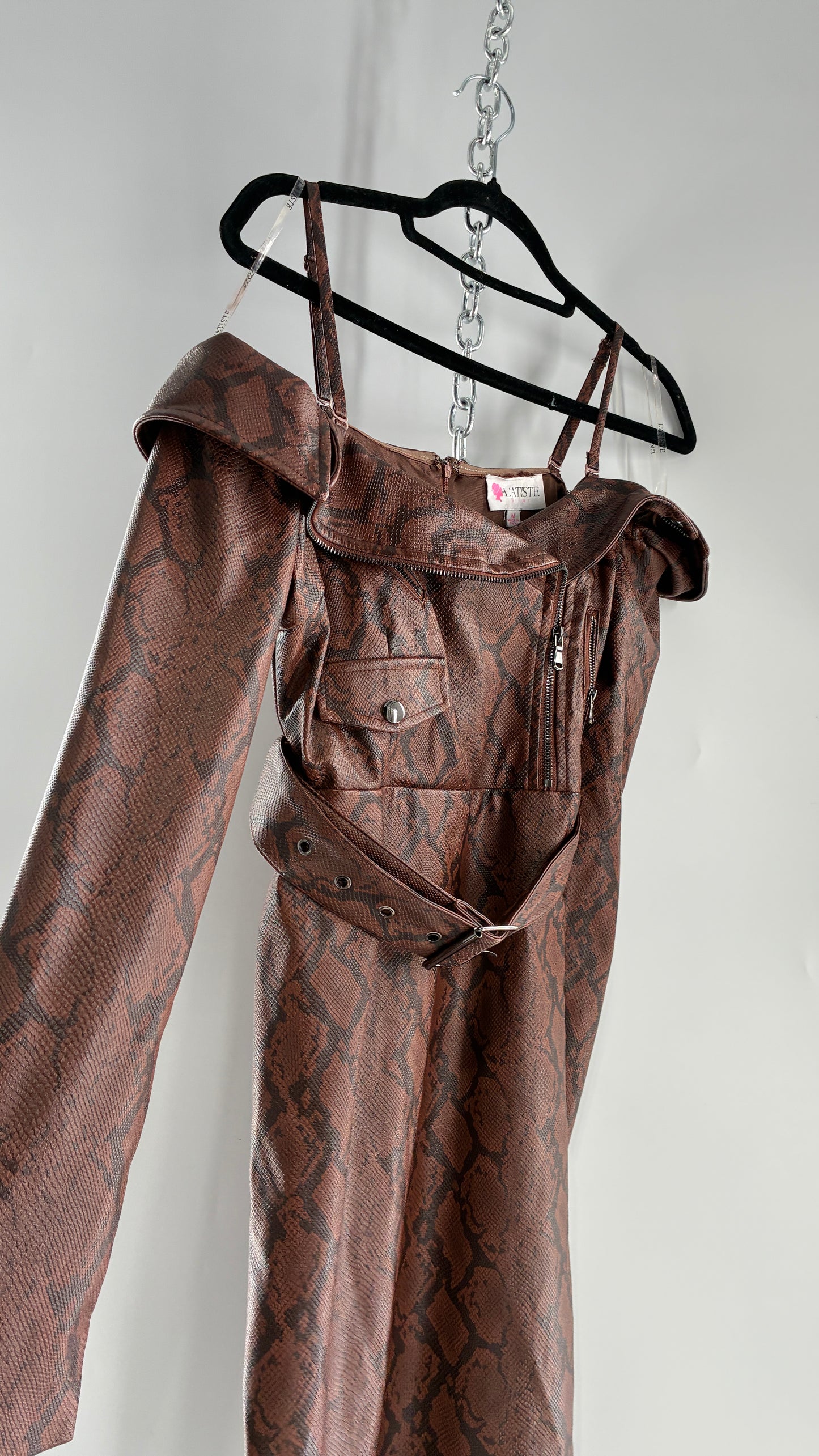 L’ATISTE Snakeskin Vegan Leather Moto Off the Shoulder, Knee High Dress (Medium)