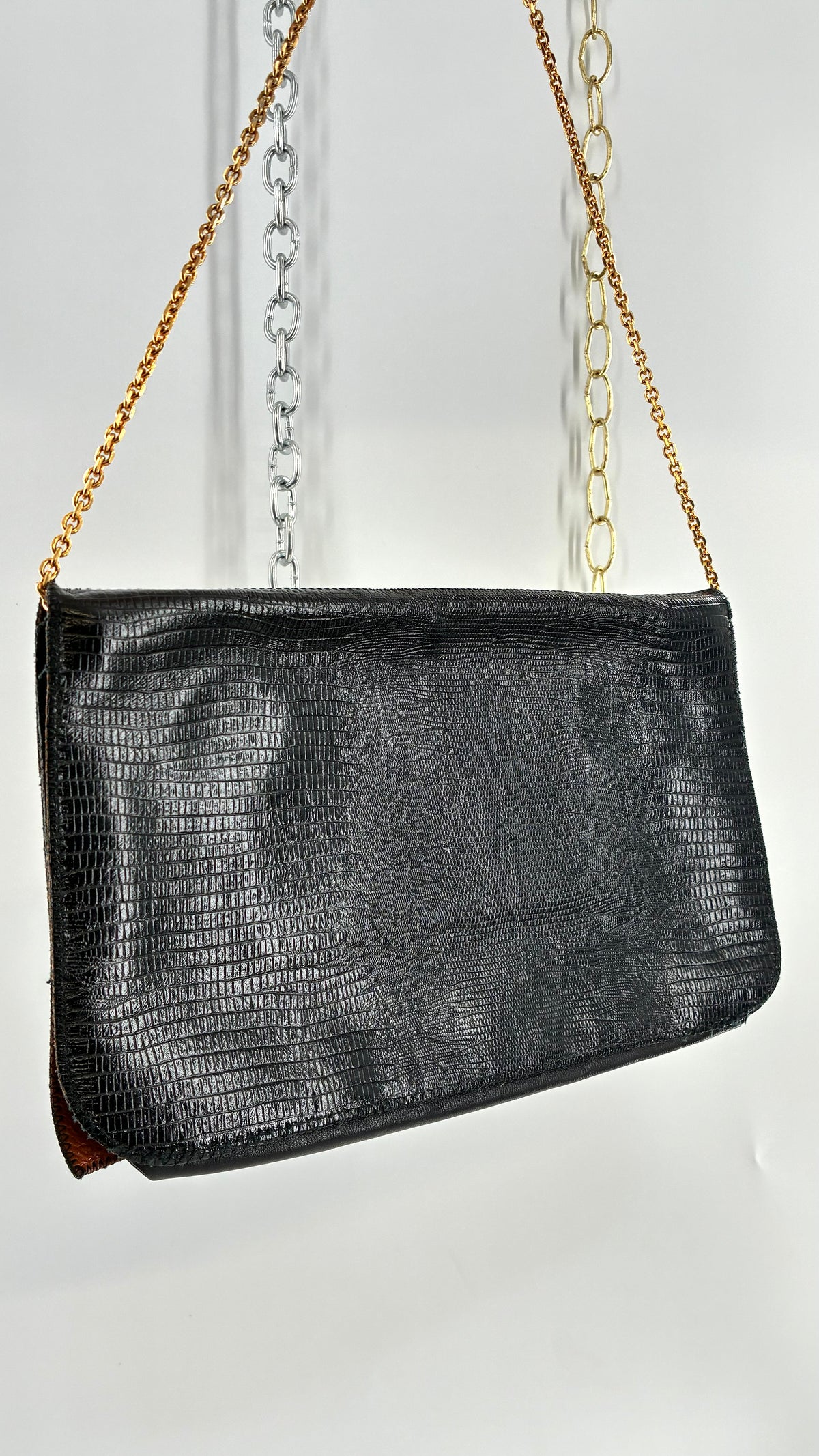 Vintage Exotic Genuine Leather Multicolor Reptile-Texture Patchwork Clutch With Chain Strap