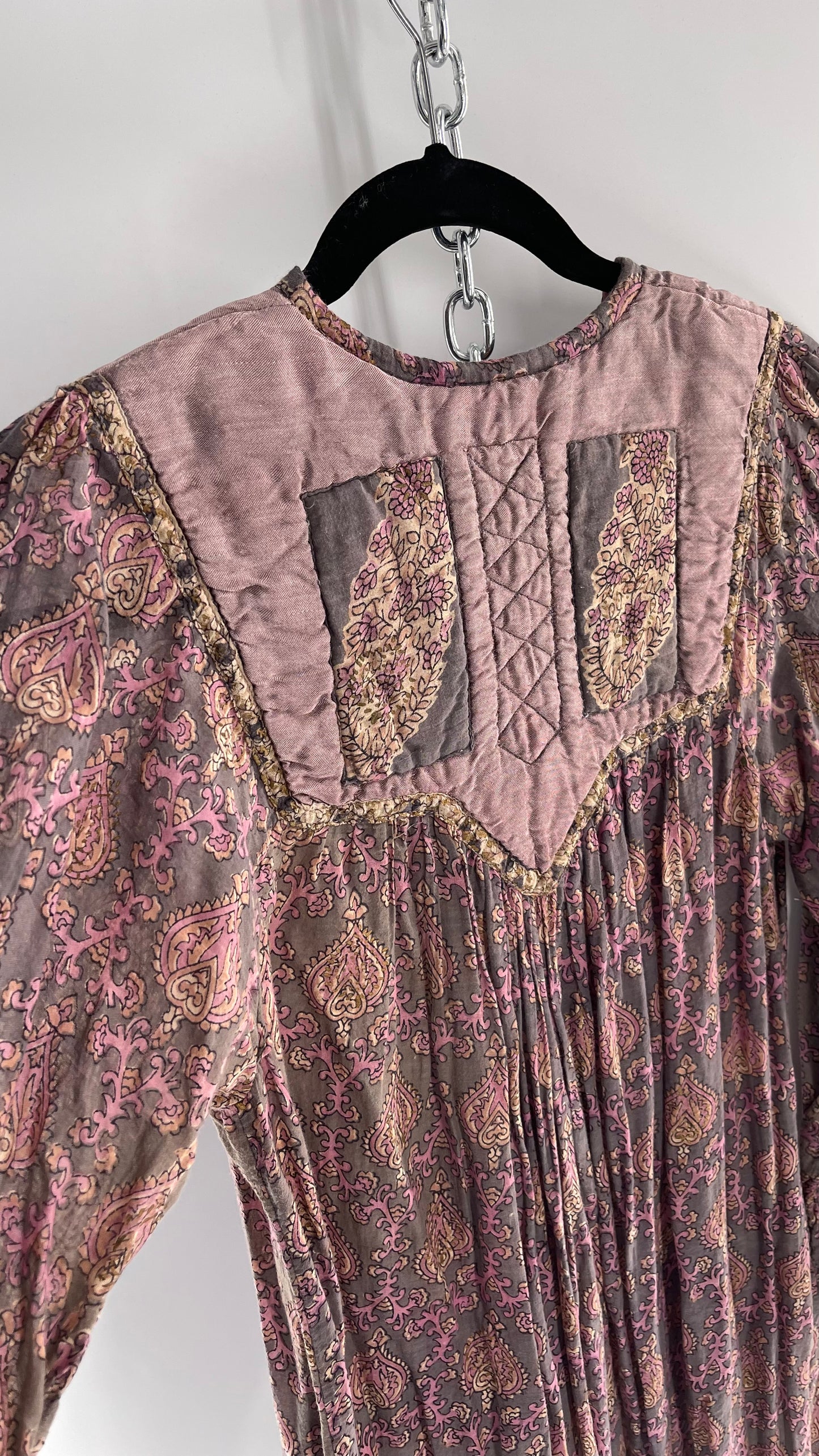 Vintage 1970s Handmade Dusty Purple Full Length Dress with Paisley Pattern and Quilted Neckline (Small)