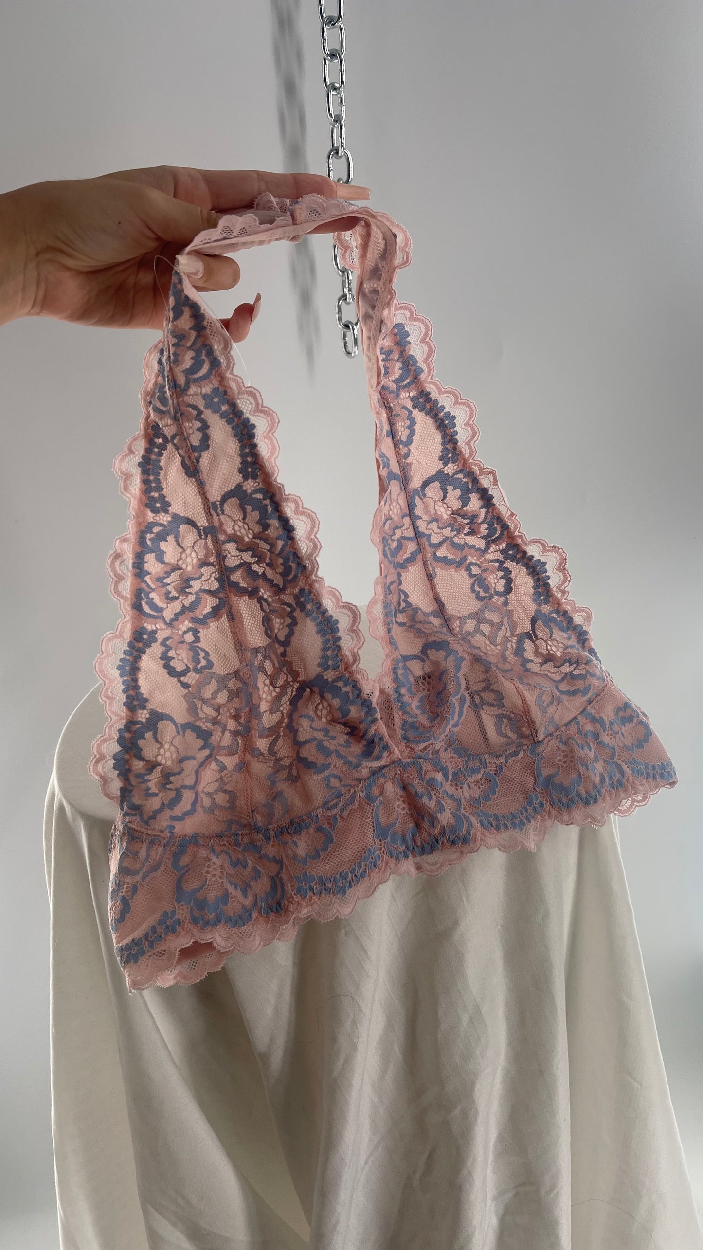 Pink and Powder Blue Delicate Lace Halter Bralette (Medium)