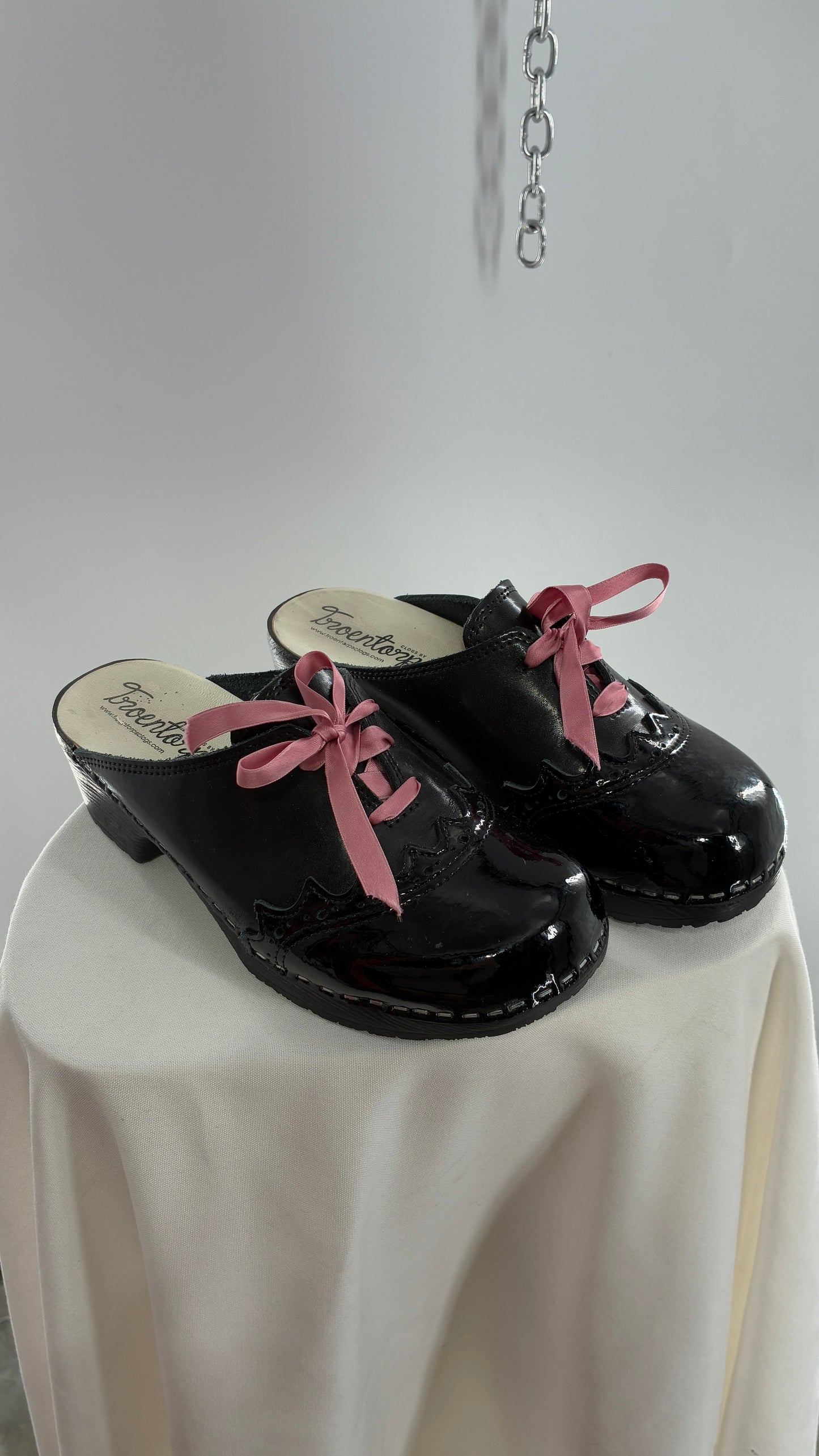 Vintage 1970s TROENTORPS Black Patent Leather Clogs with Ribbon Tie Detail (38)