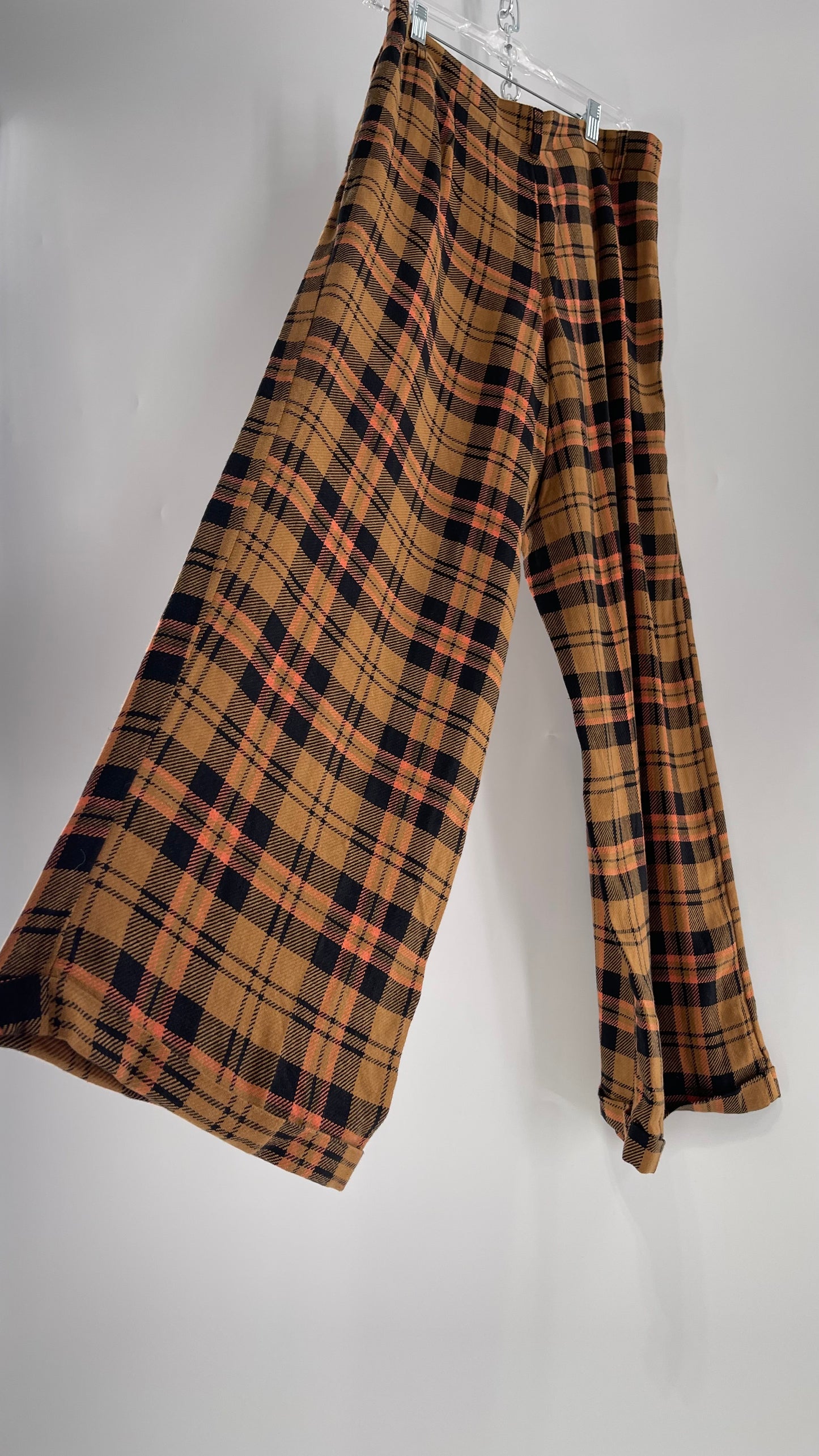 Free People Mustard,Salmon, Black Plaid High Waisted Wide Leg Trouser with Pleating (4)