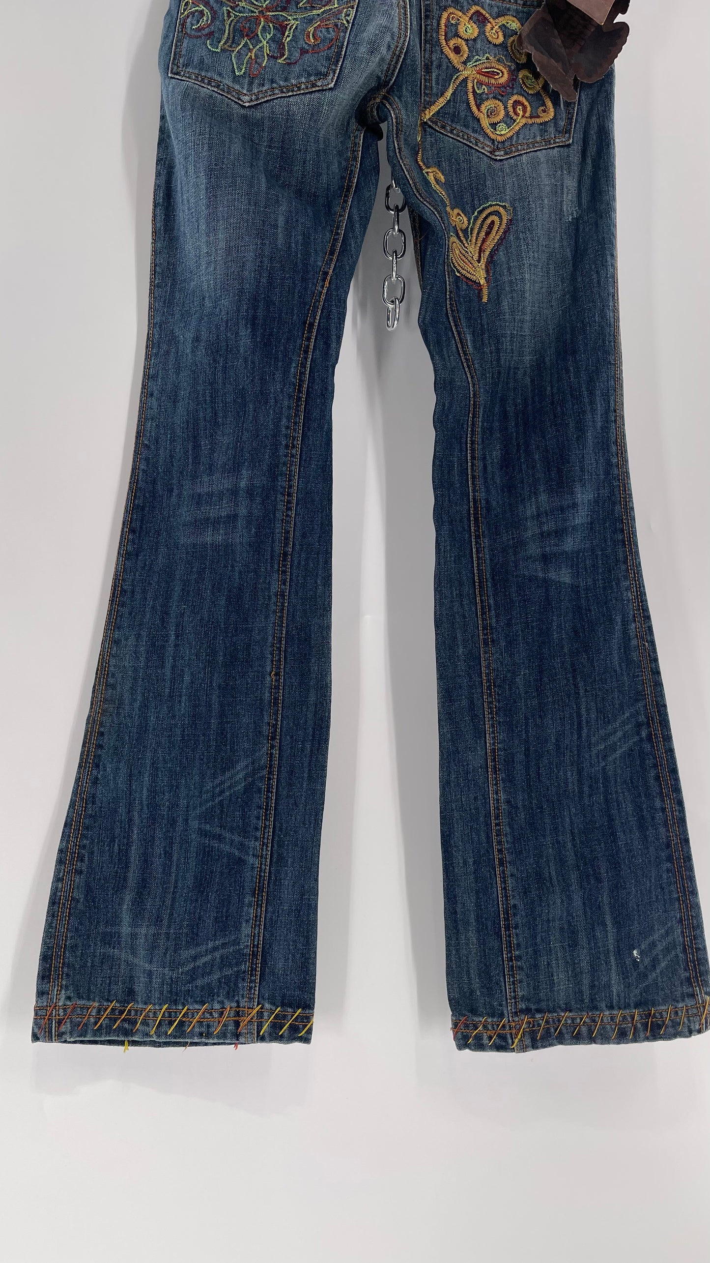 Vintage RARE Antik Denim Kick Flares with Embroidered Flower Design and Contrast Stitching (28)