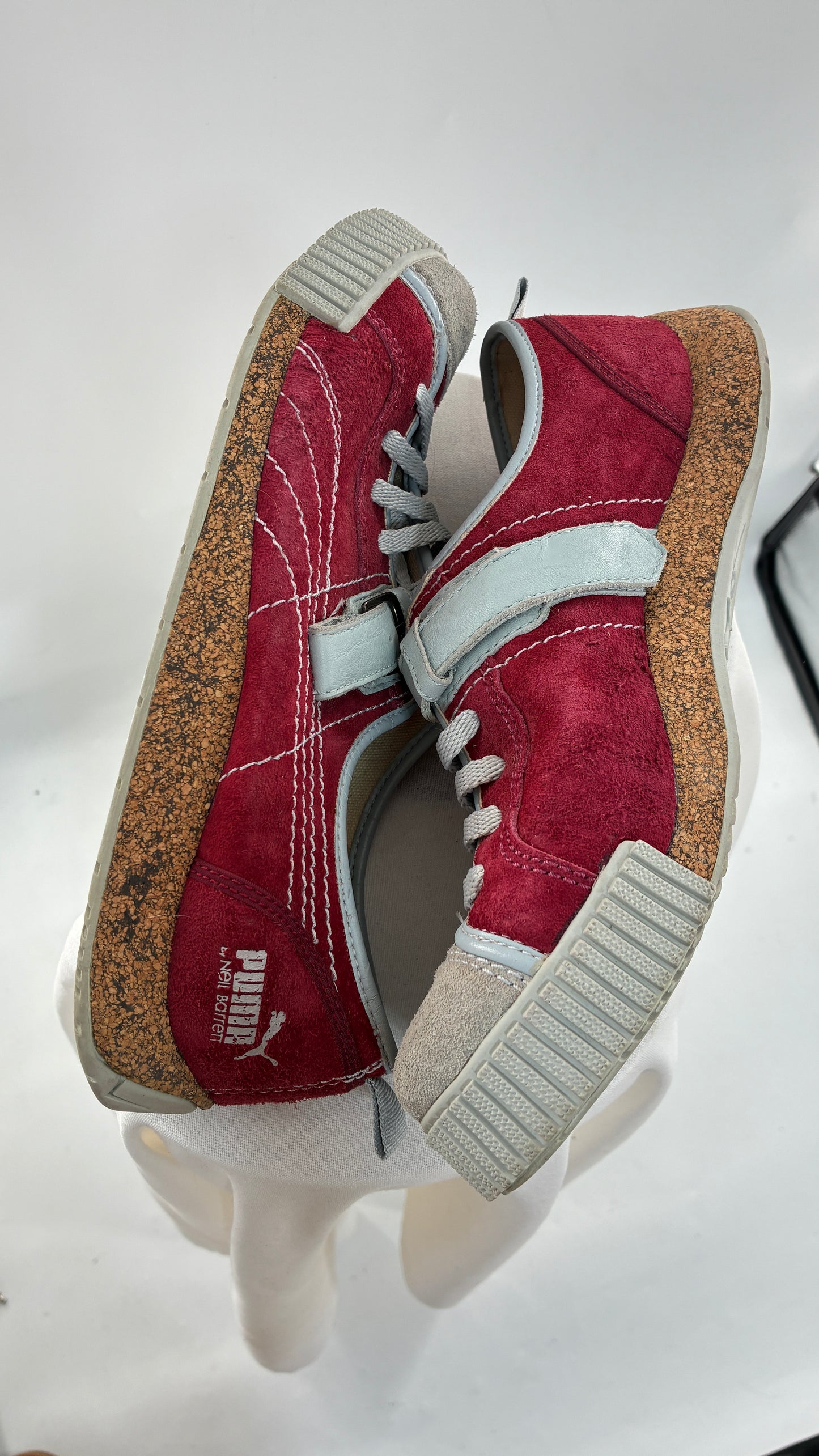 RARE 1/1 PUMA X Neil Barrett 2004 Maroon Red Suede Round Toe Sneaker with Powder Blue Stitching, Laces, and Velcro Buckle (11)