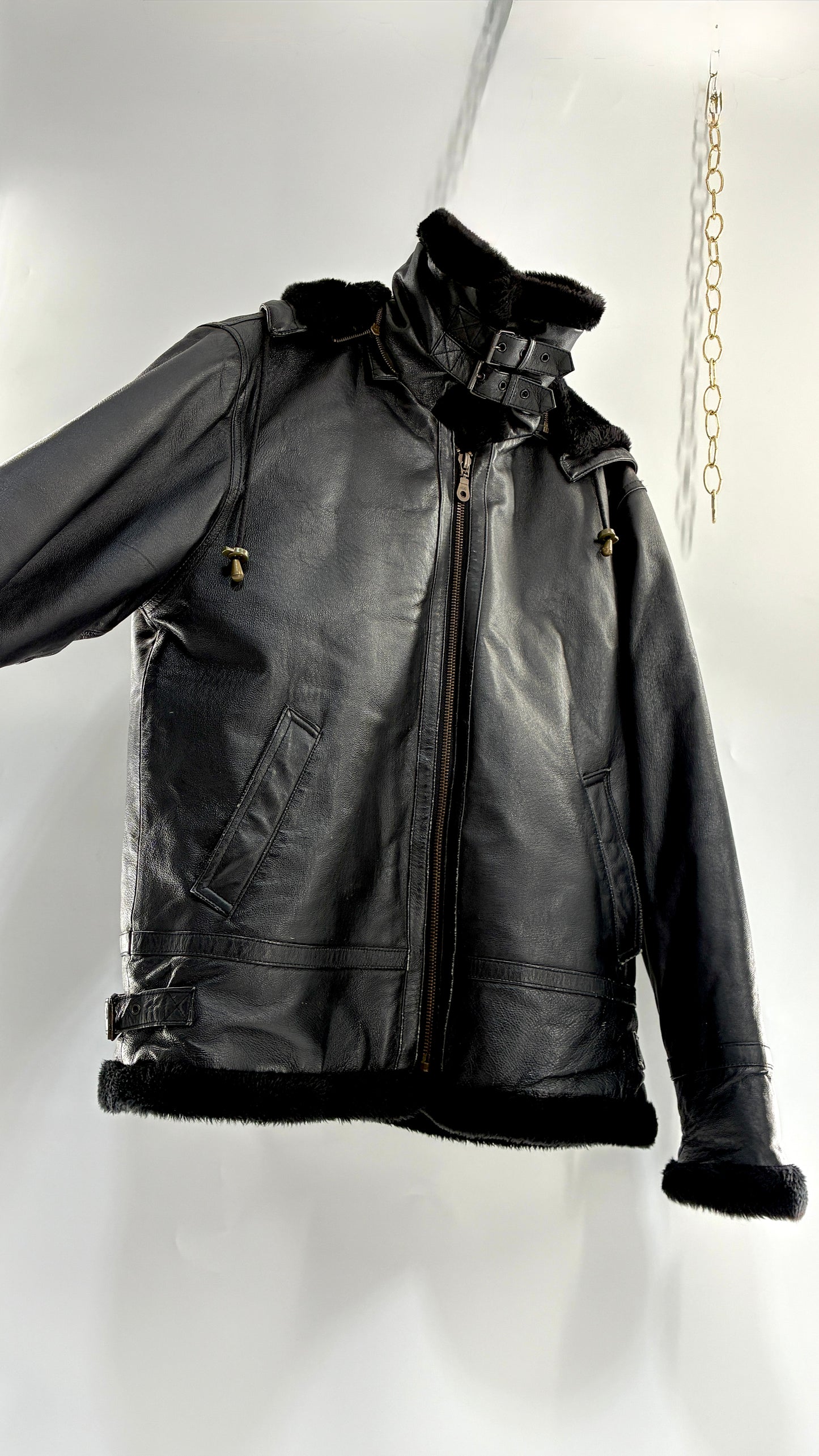 Vintage TANNERS AVENUE Black Genuine Leather Jacket with High Neck and Hood (Medium)