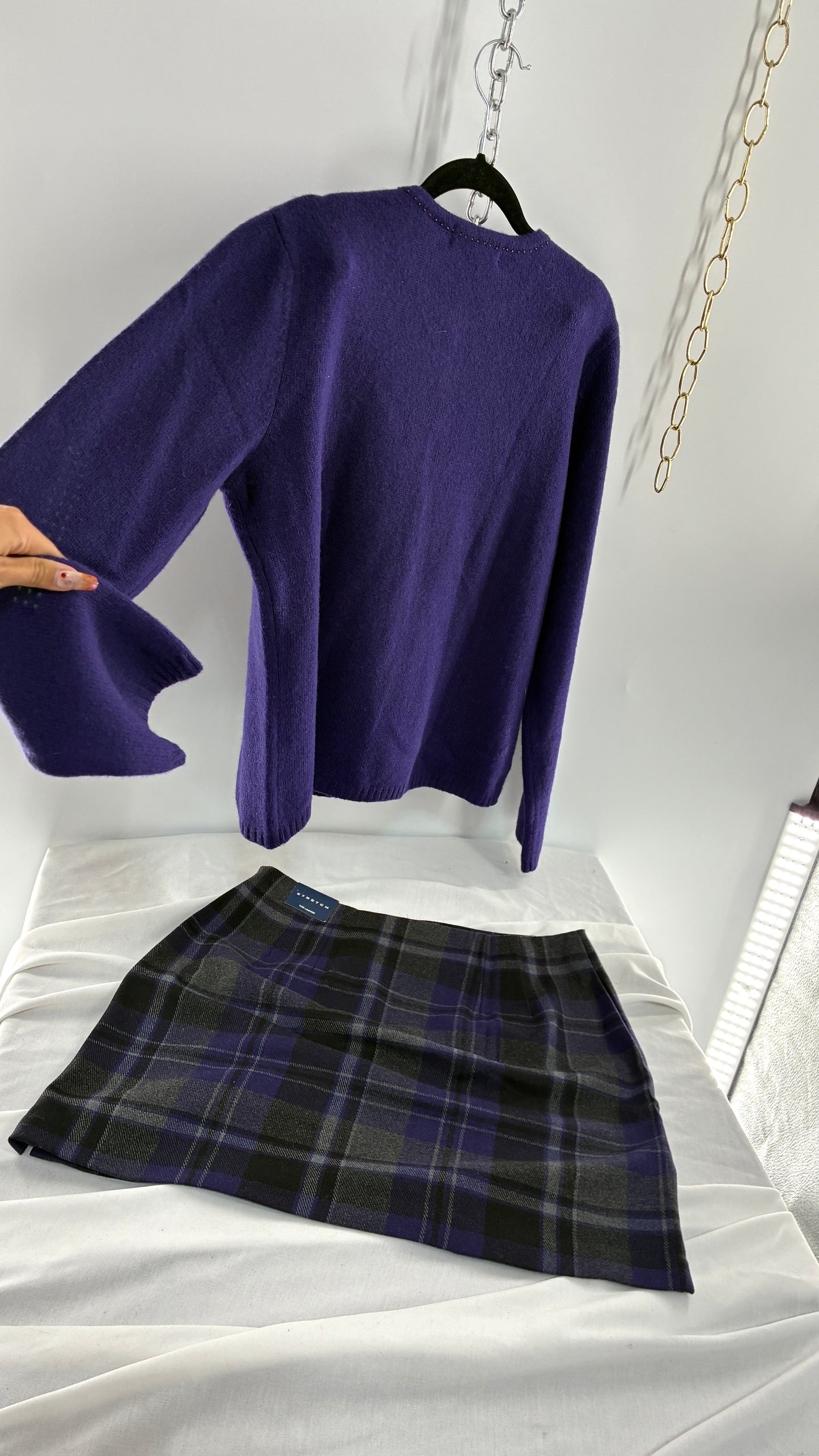 Deadstock Vintage THE LIMITED Japanese 100% Lambswool Purple Cardigan and Plaid Mini Skirt Set (L,10)