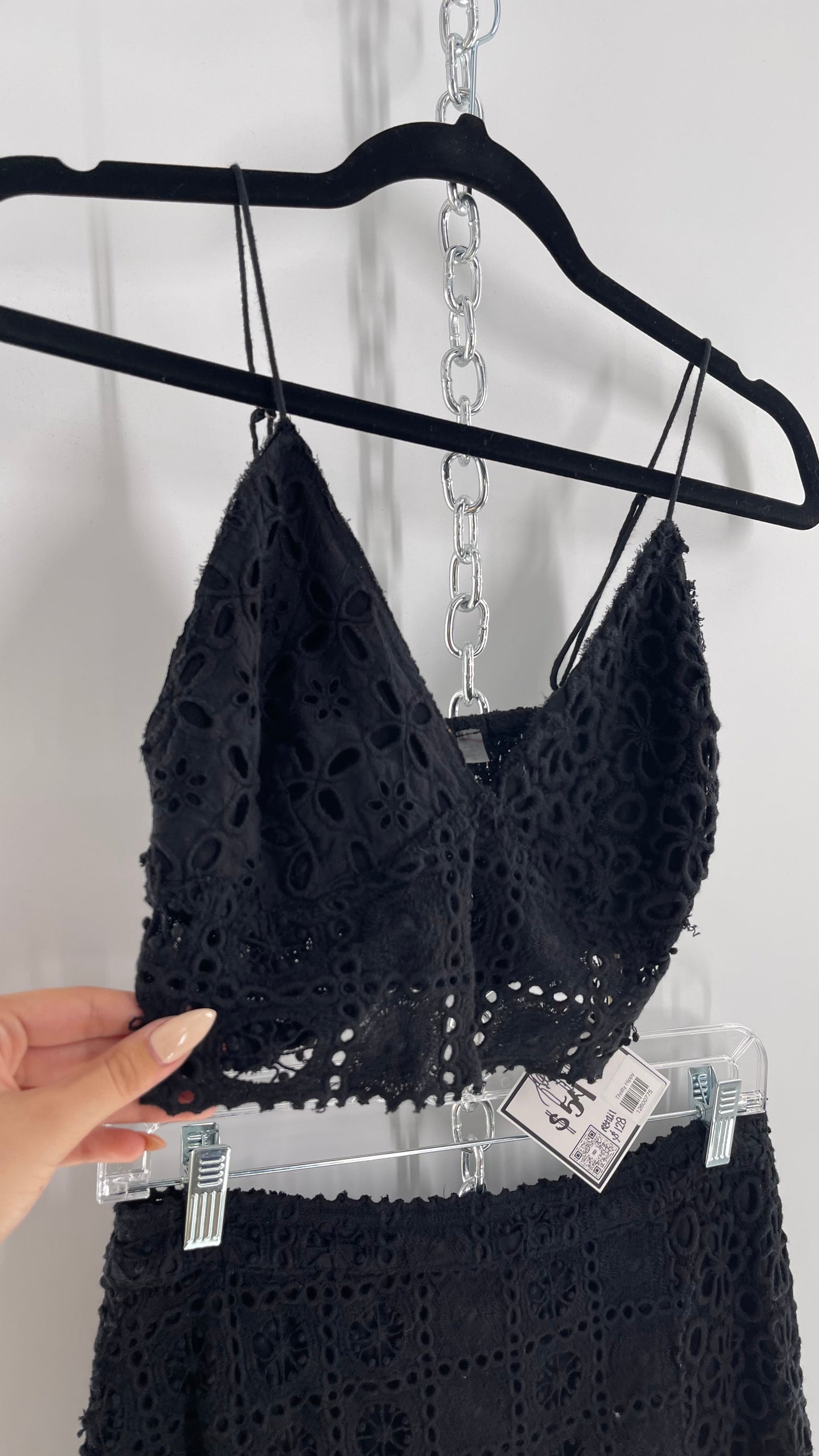 Free People Black Eyelet Lace Mini Skirt and Bustier Set (6)