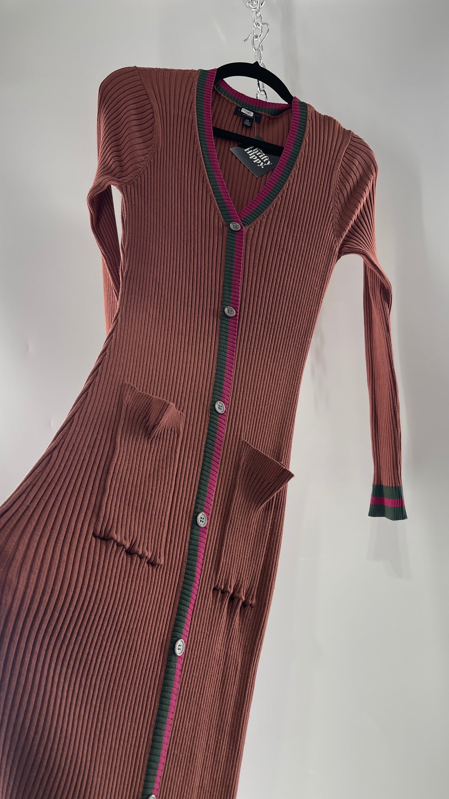 Current Air Los Angeles Brown Ribbed Knit Long Sleeve Button Front Dress with Fuchsia and Forest Green Striping (XS)