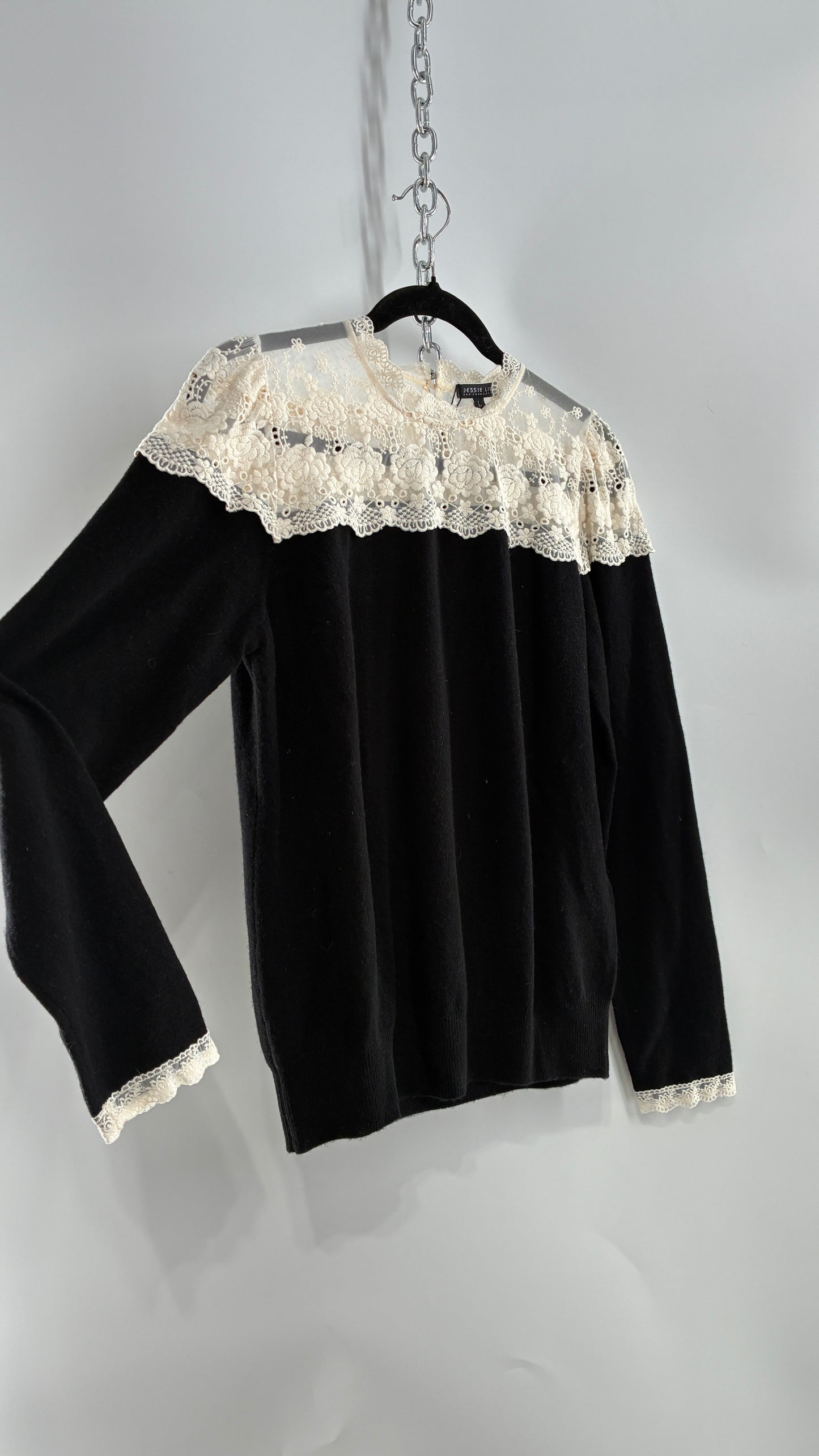 JESSIE LIU Amari Black 100% Merino Wool Sweater with Ivory Lace Neckline and Cuffs (Large)