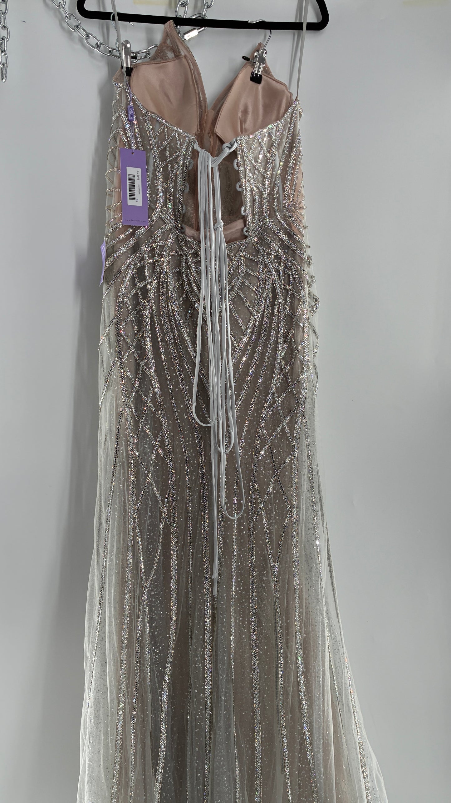 NWT LADIVINE by Cinderella Divine Silver Nude CC6018 Mermaid Corseted Gown with Multiple Layers of Tulle, Covered in Crystal Strips (16)