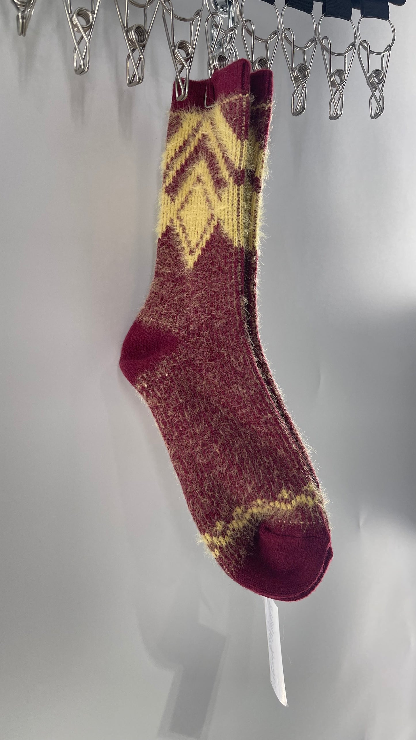 Free People Maroon/Burgundy Fuzzy Cozy Socks with Yellow Argyle Pattern