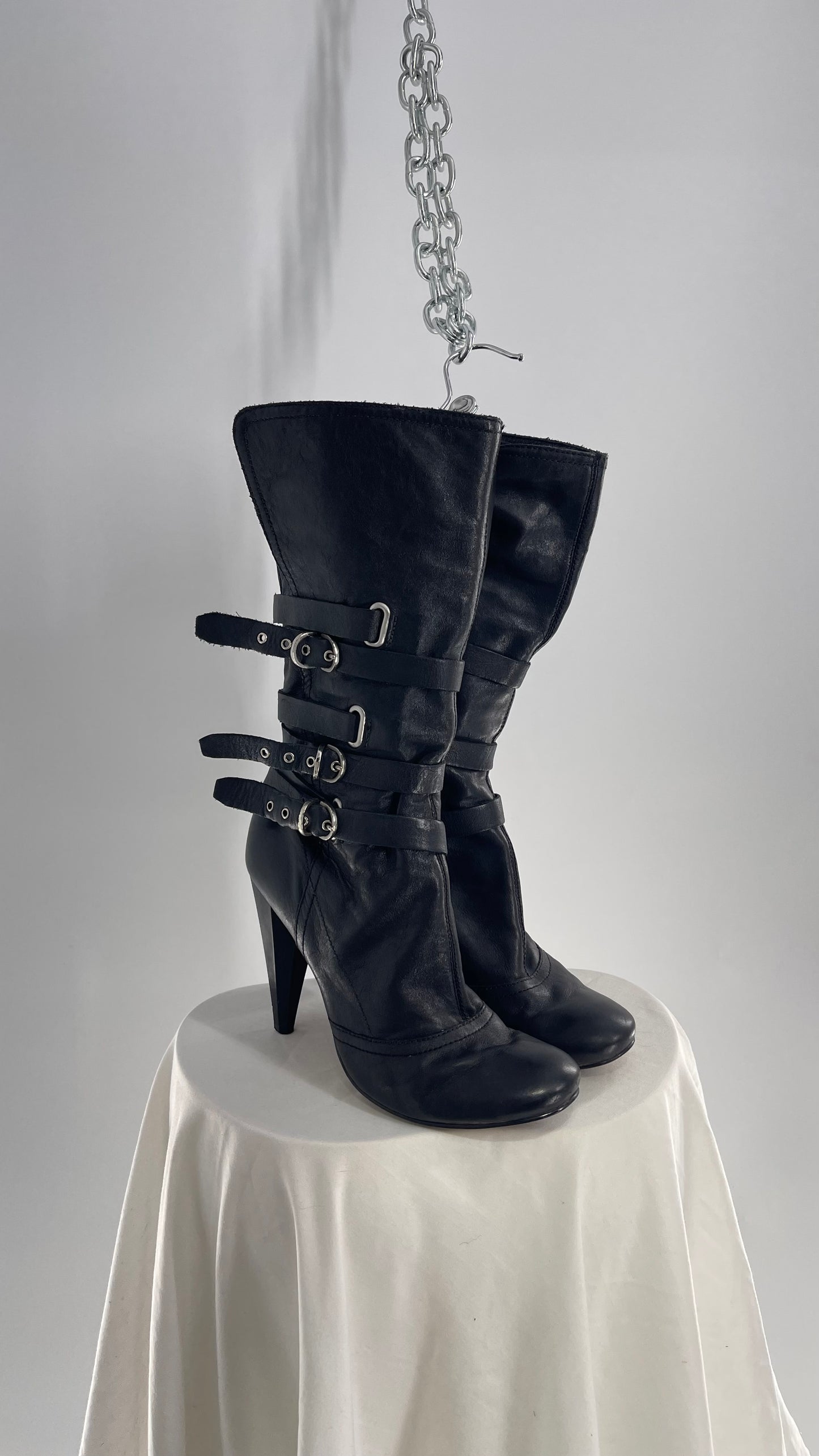 Vintage Black Leather Round Toe Knee High Boot Heel with Multiple Strap/Buckle Details (8.5)