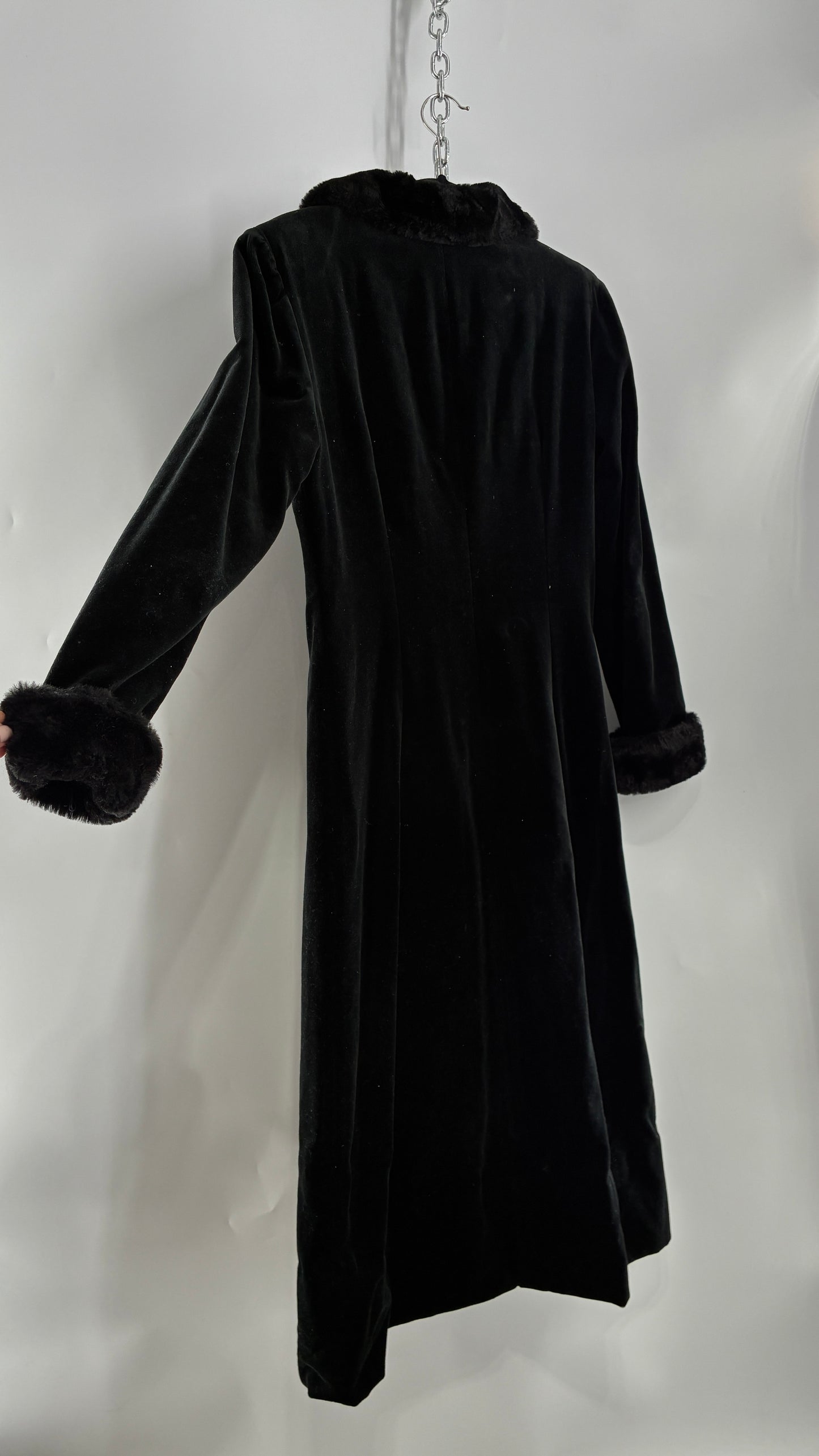 Vintage JS Collection Velour Duster Coat with Deep Neckline, Vegan Fur Collar and Cuffs (Large)