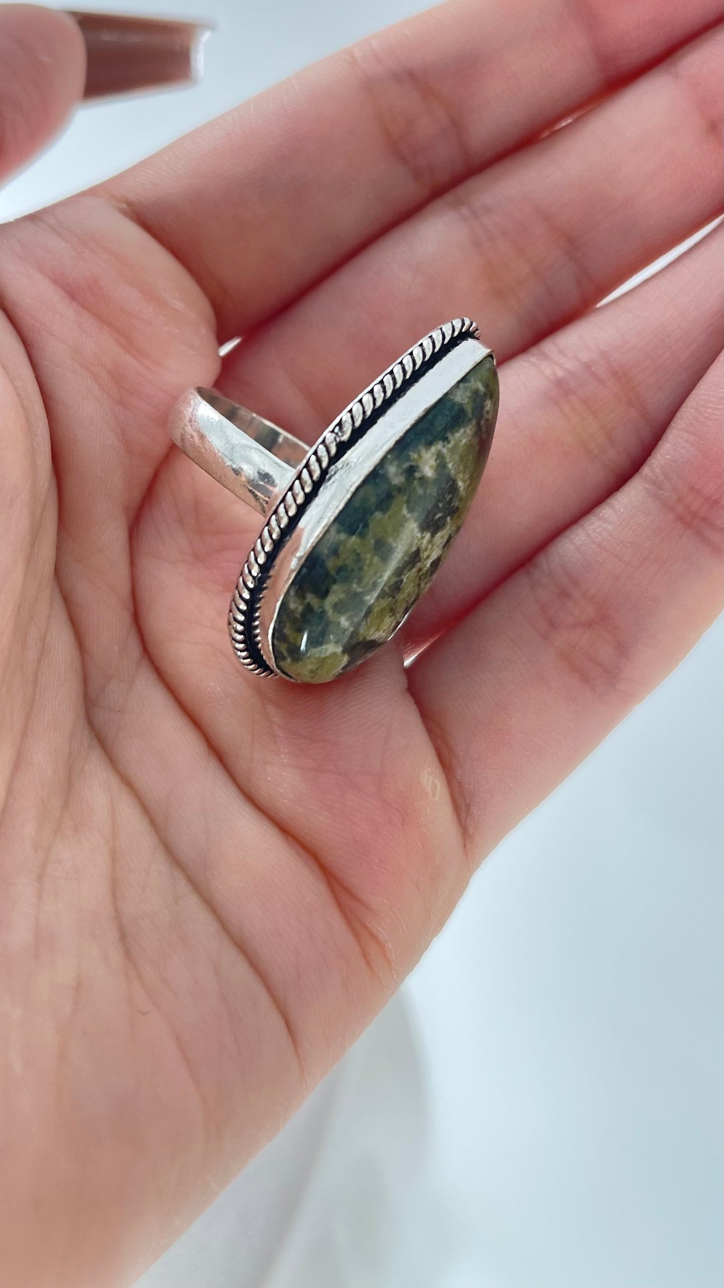 Vintage Large Teardrop Shaped RainForest Jasper Stone Set in 925 Sterling Silver Ring