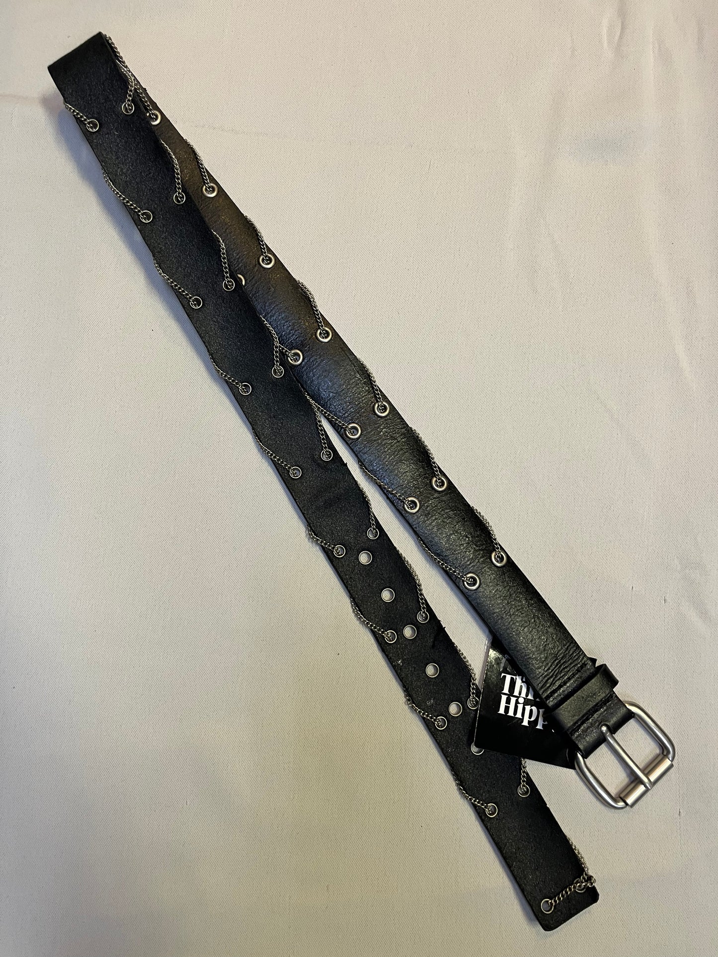 Vintage Express Black Leather Grommet Chain Belt (Large)