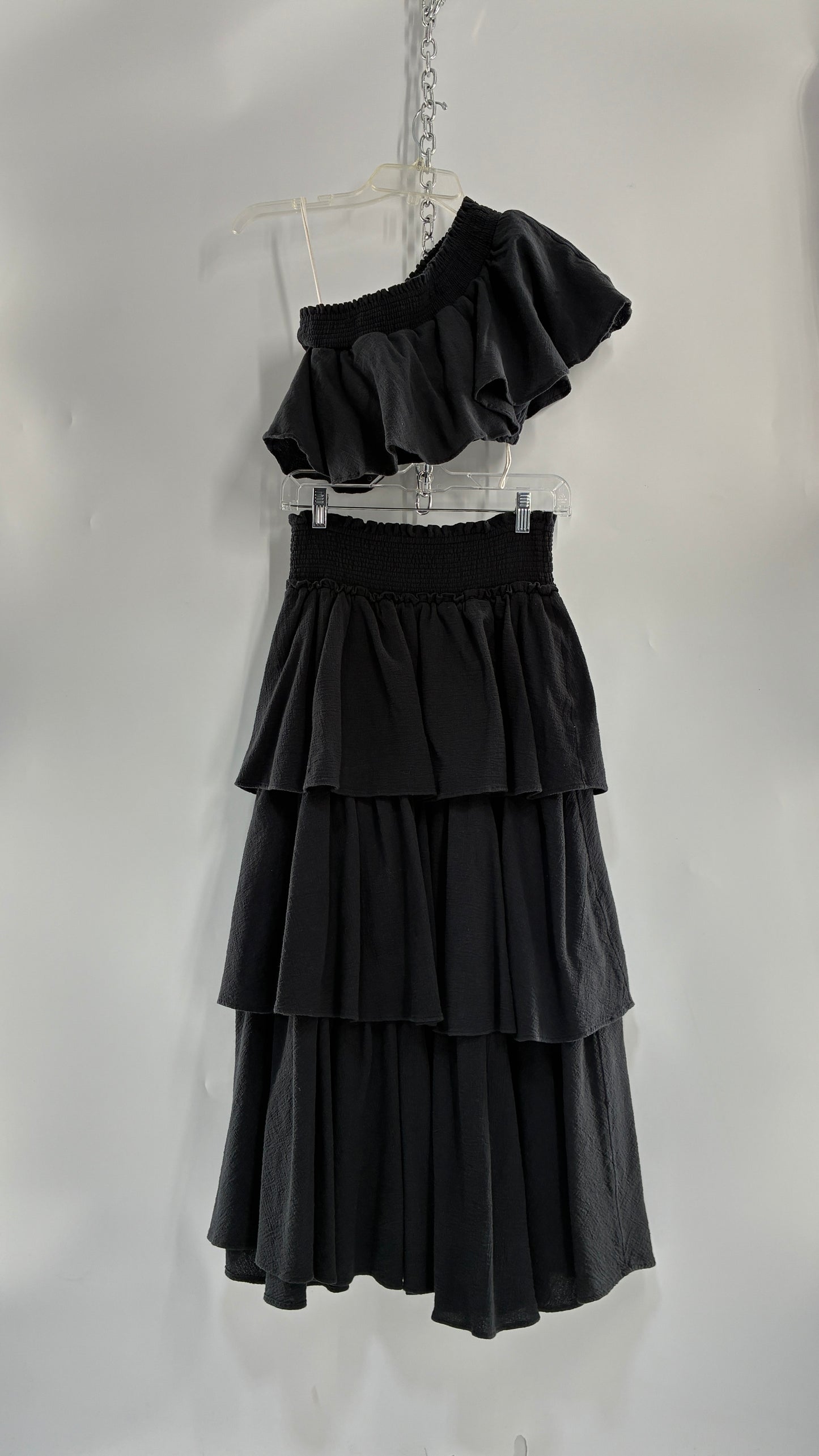 Free People Black Ruffled One Shoulder Top and Ruffled Full Length Skirt Set (XS/S)