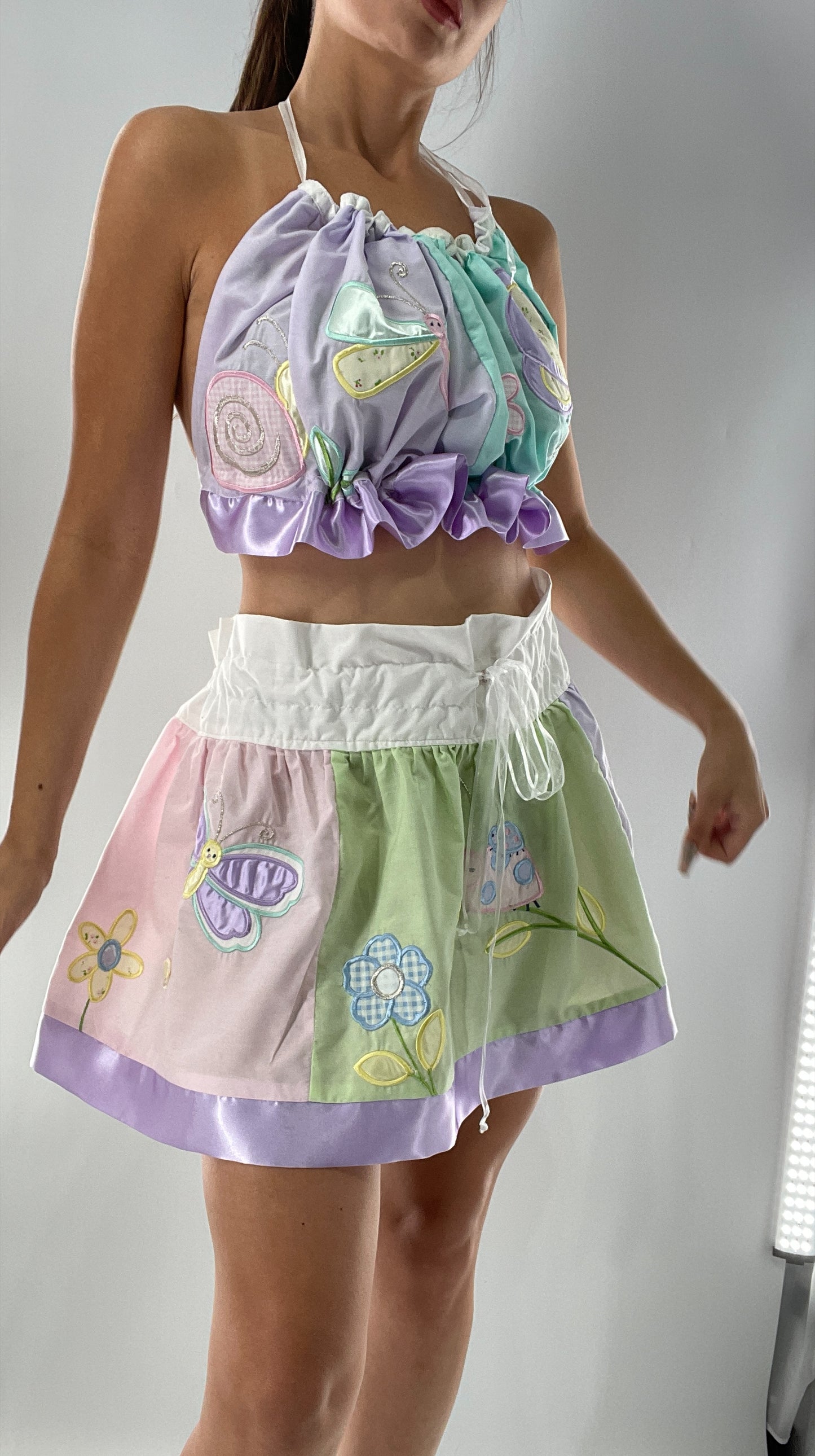 Vintage Custom 2piece Garden Gal Set Covered in Patchwork Butterflies, Dragonflies, Flowers, Snails and Pastels (One Size Fits Most)