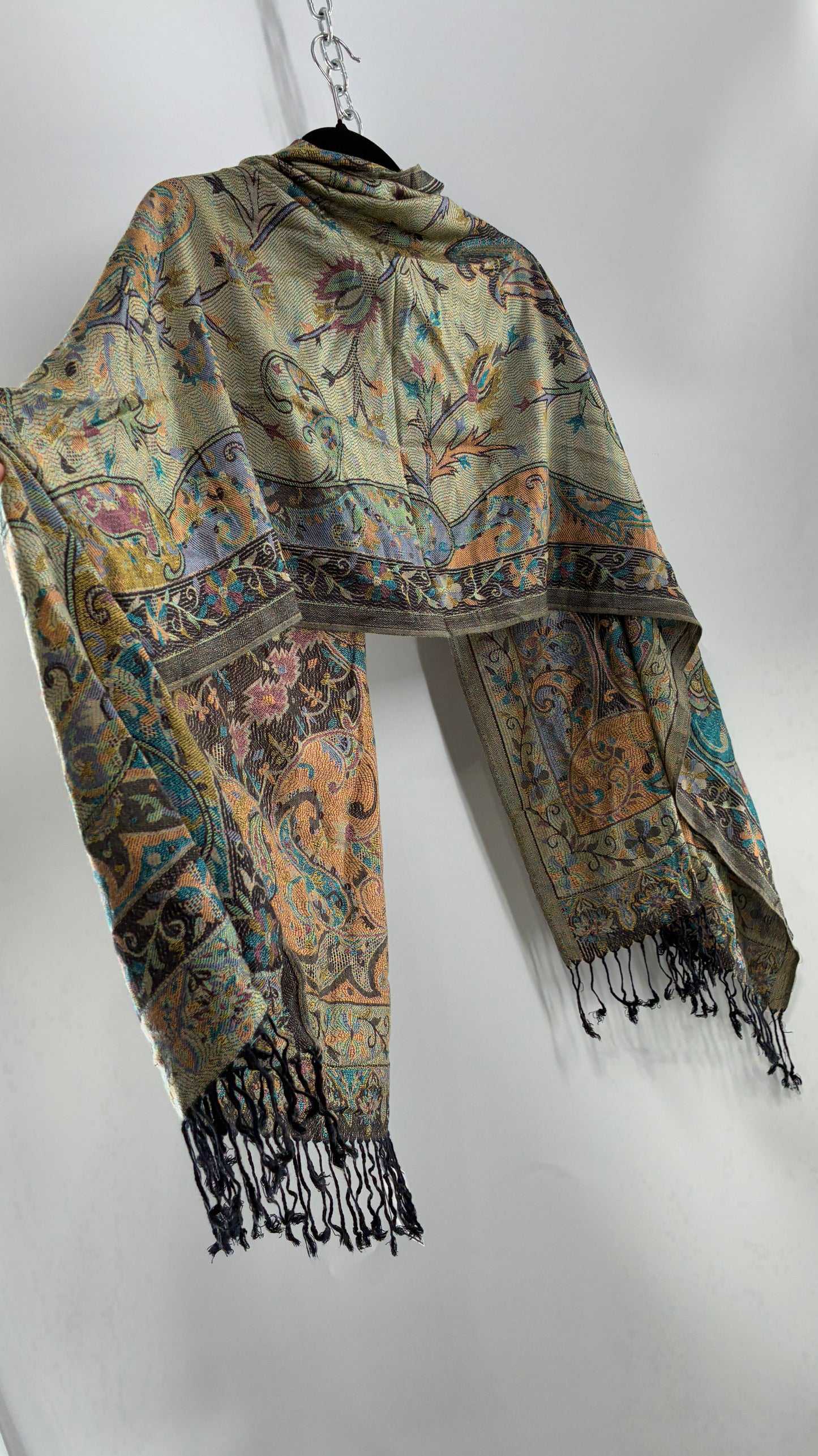 Vintage Pashmina Green Paisley Fringe Scarf