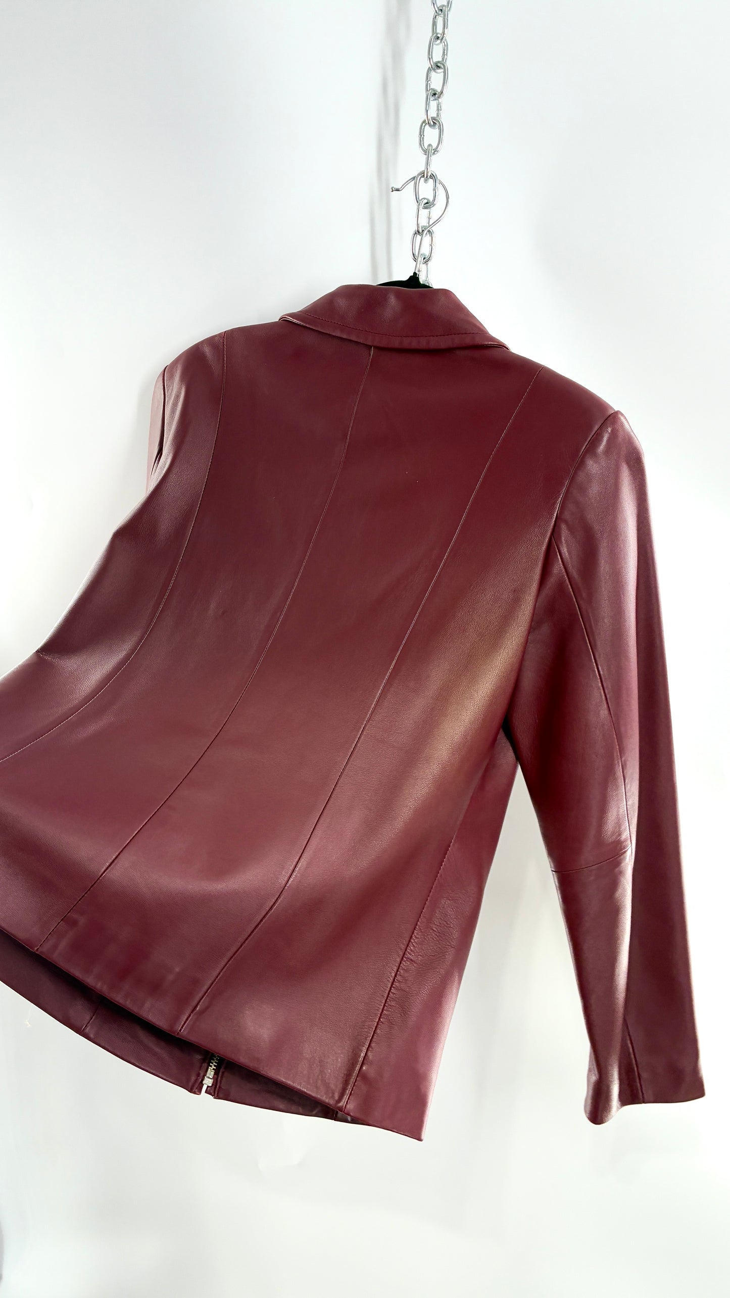 Vintage Lord & Taylor Burgundy Maroon Leather Zip Up Jacket (Small)