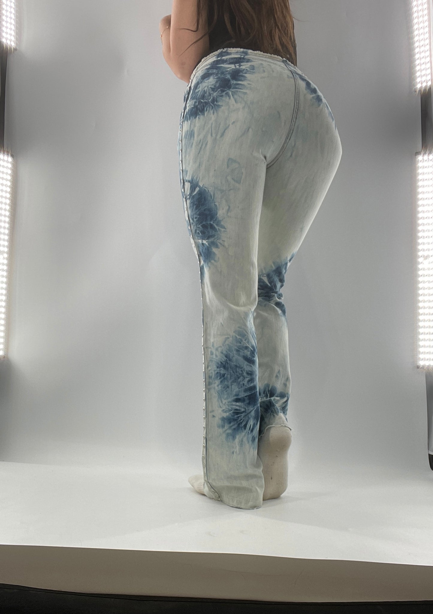 Vintage 1990s DKNY Light Bleached Jeans with Tie Dye Denim Pattern, Raw Edge Low Rise, and Studded Sides (5)