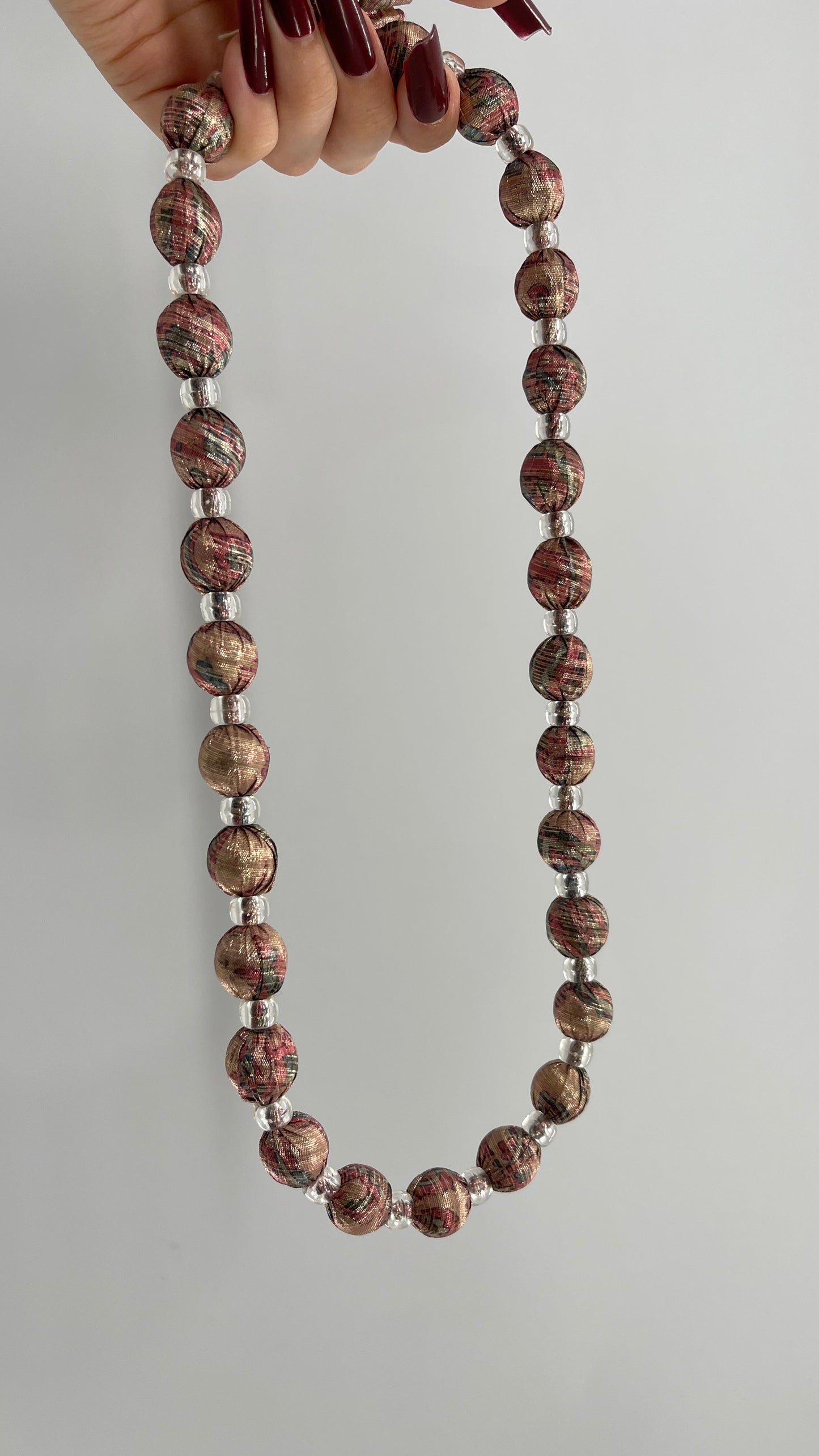 Vintage Metallic Fabric Wrapped Beaded Necklace