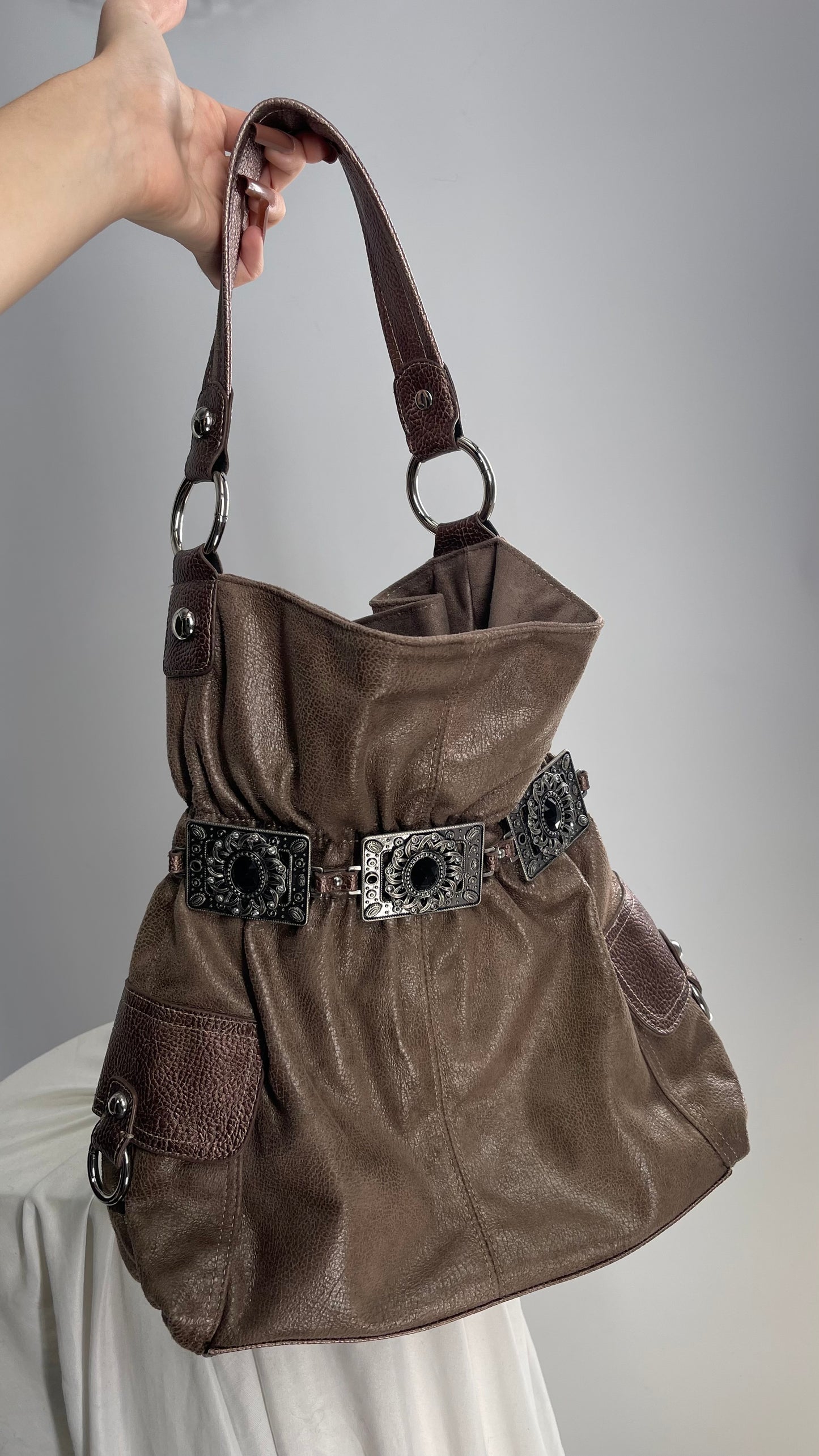 Vintage Kathy Van Zeeland Brown Leather Buckle Bag with Stone Details