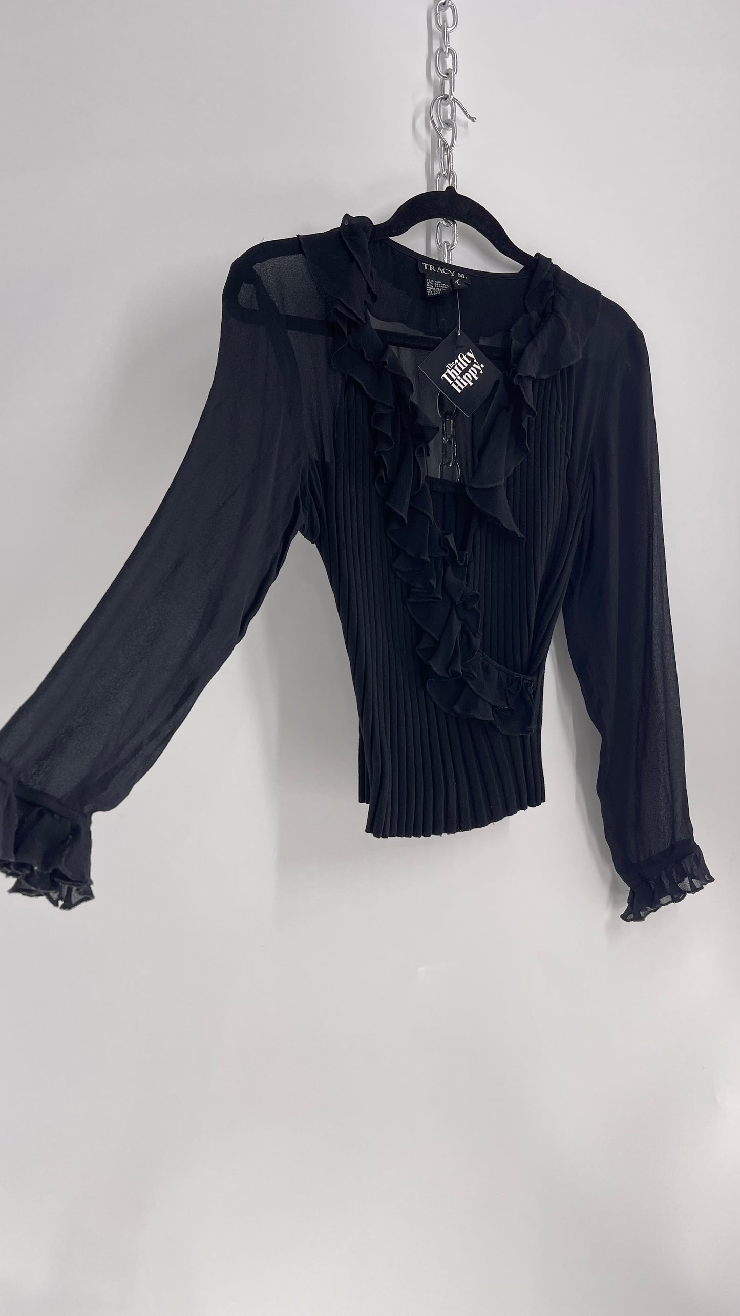 Vintage Tracy M Black Ribbed Blouse with Ruffles and Sheer Sleeves (L)