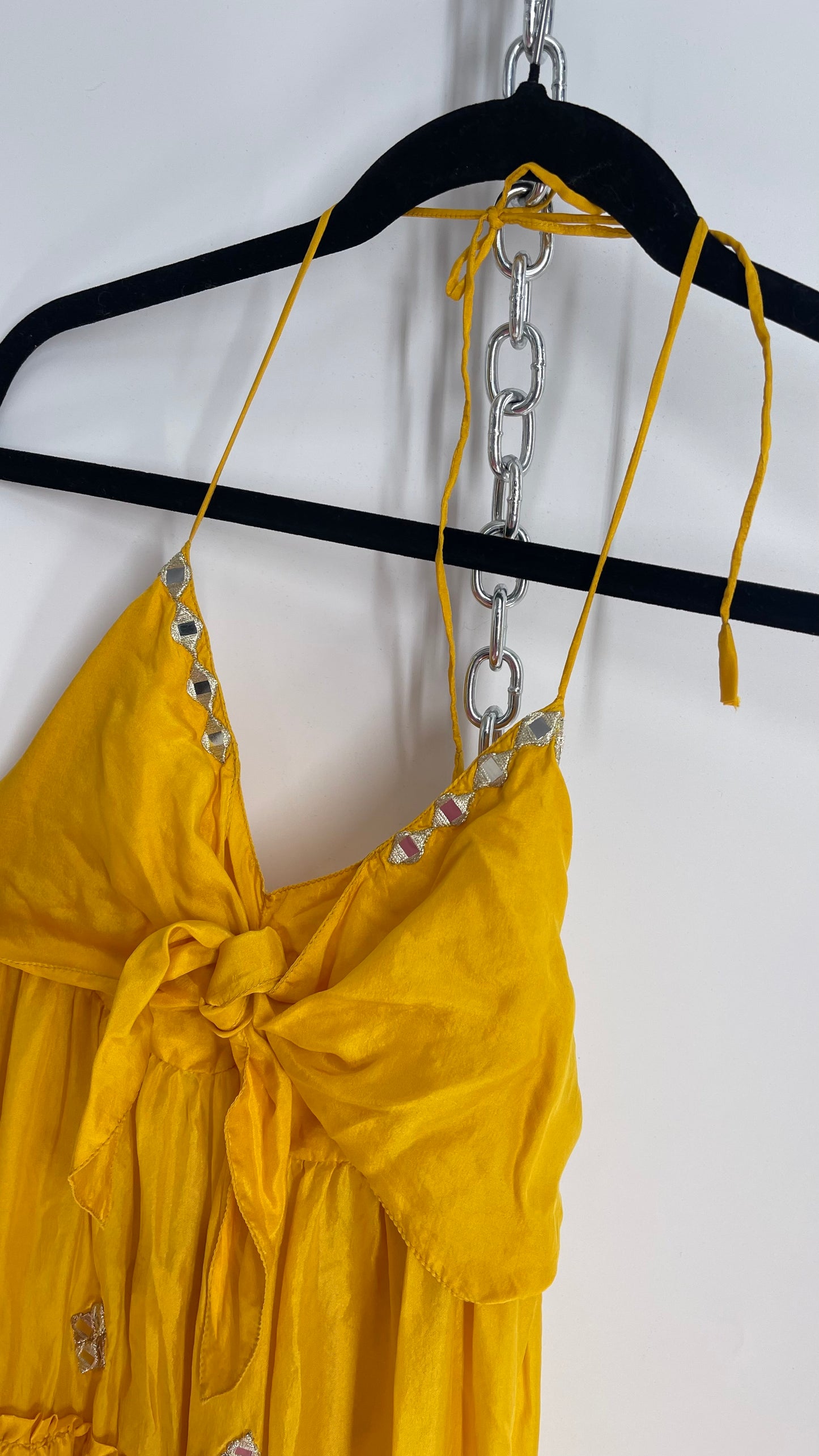 Vintage Juliet Dun Silky Yellow Tiered Dress with Mirror Details (2)