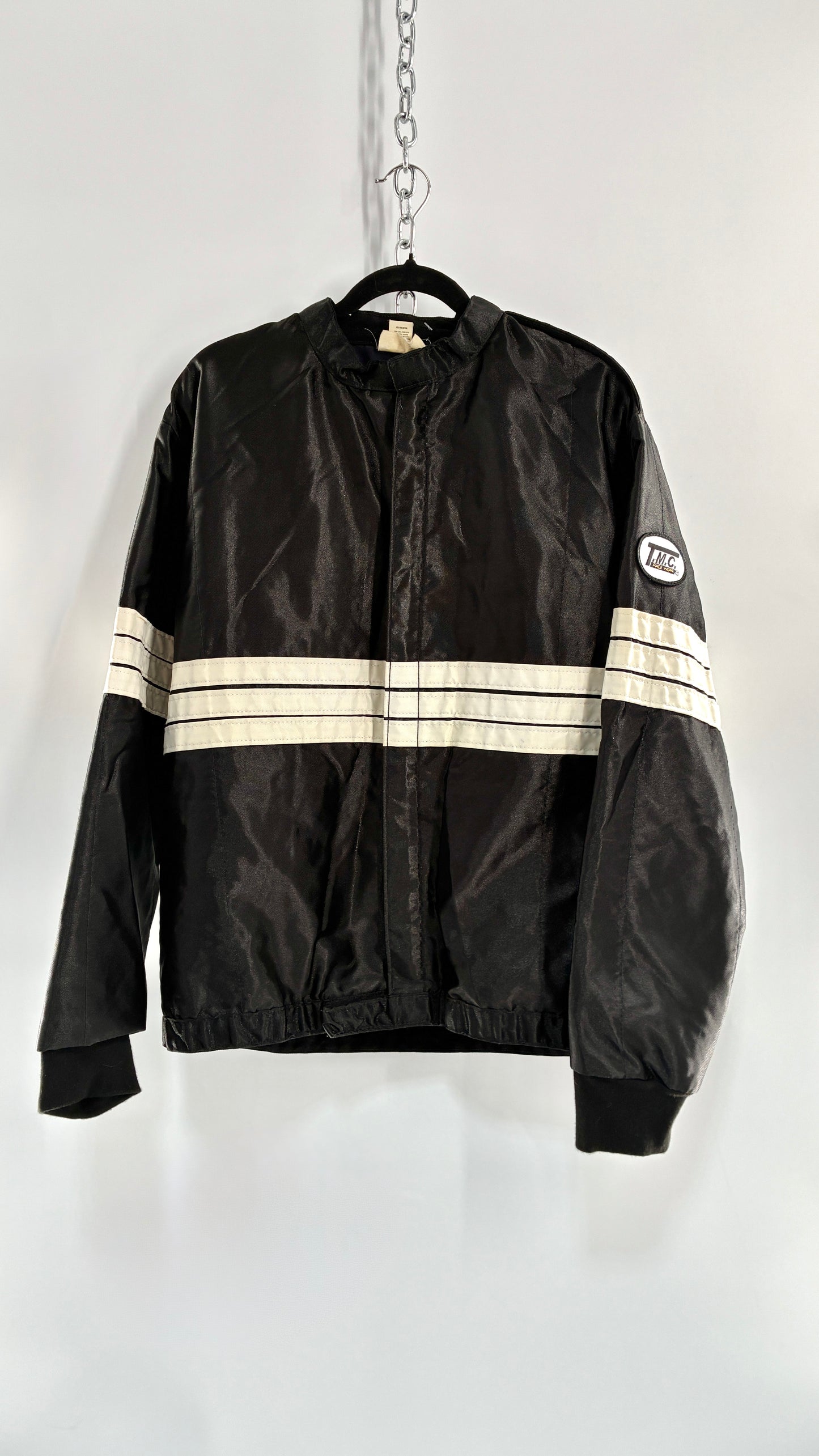 Vintage TMC RACING Black Jacket with White Striped Detailing (Large)