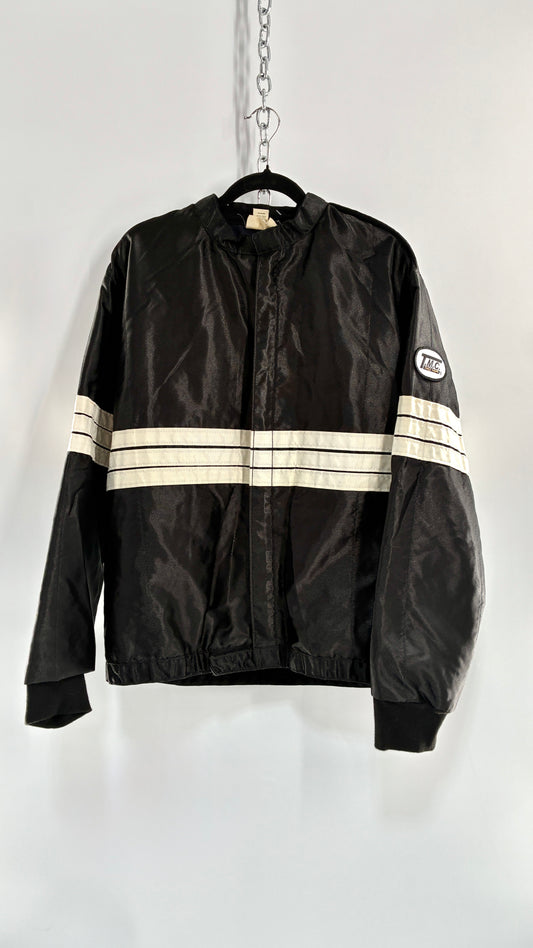 Vintage TMC RACING Black Jacket with White Striped Detailing (Large)