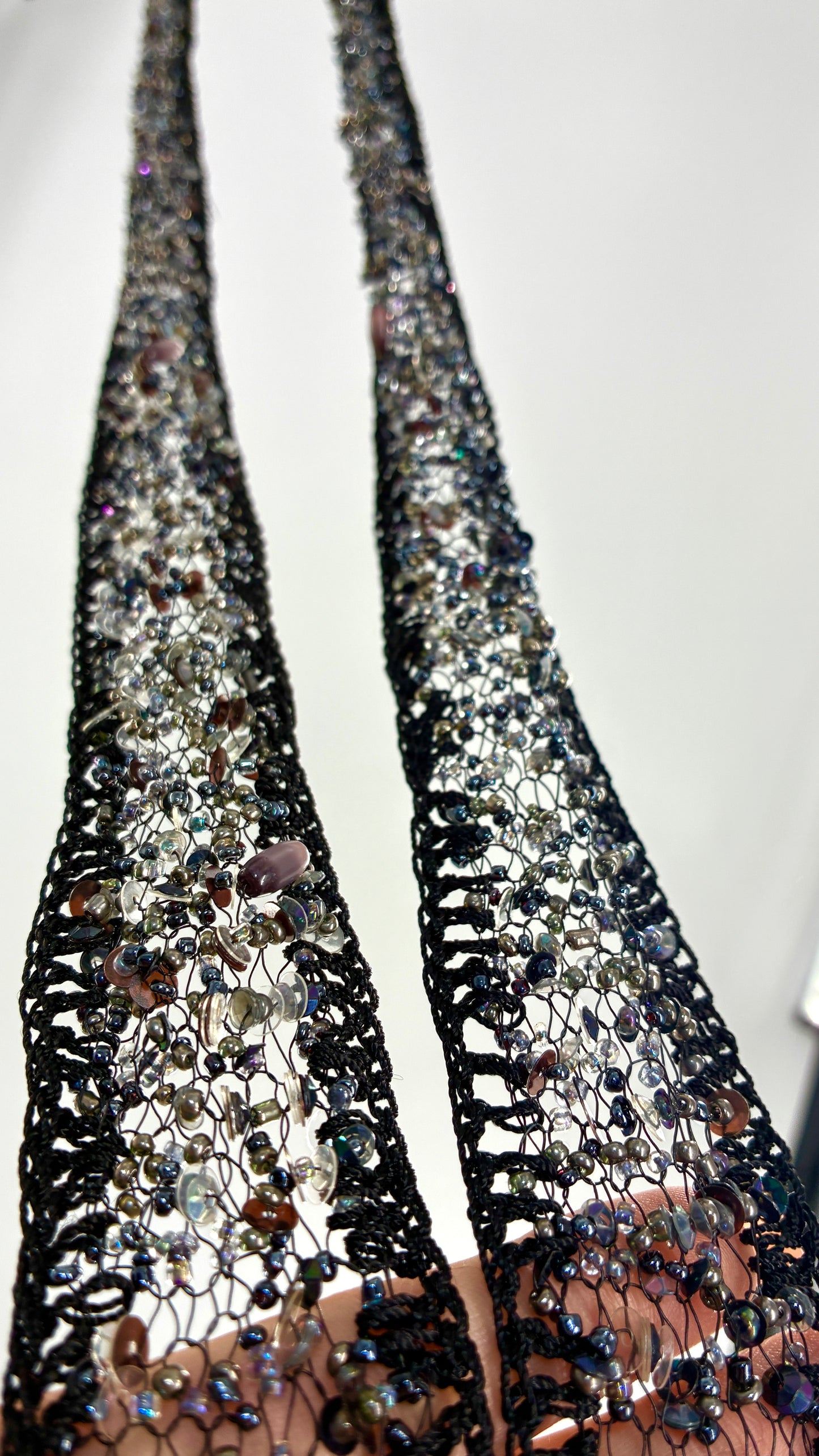 Vintage Black Netted + Crochet Scarf Necklace Covered in Heavy Beading