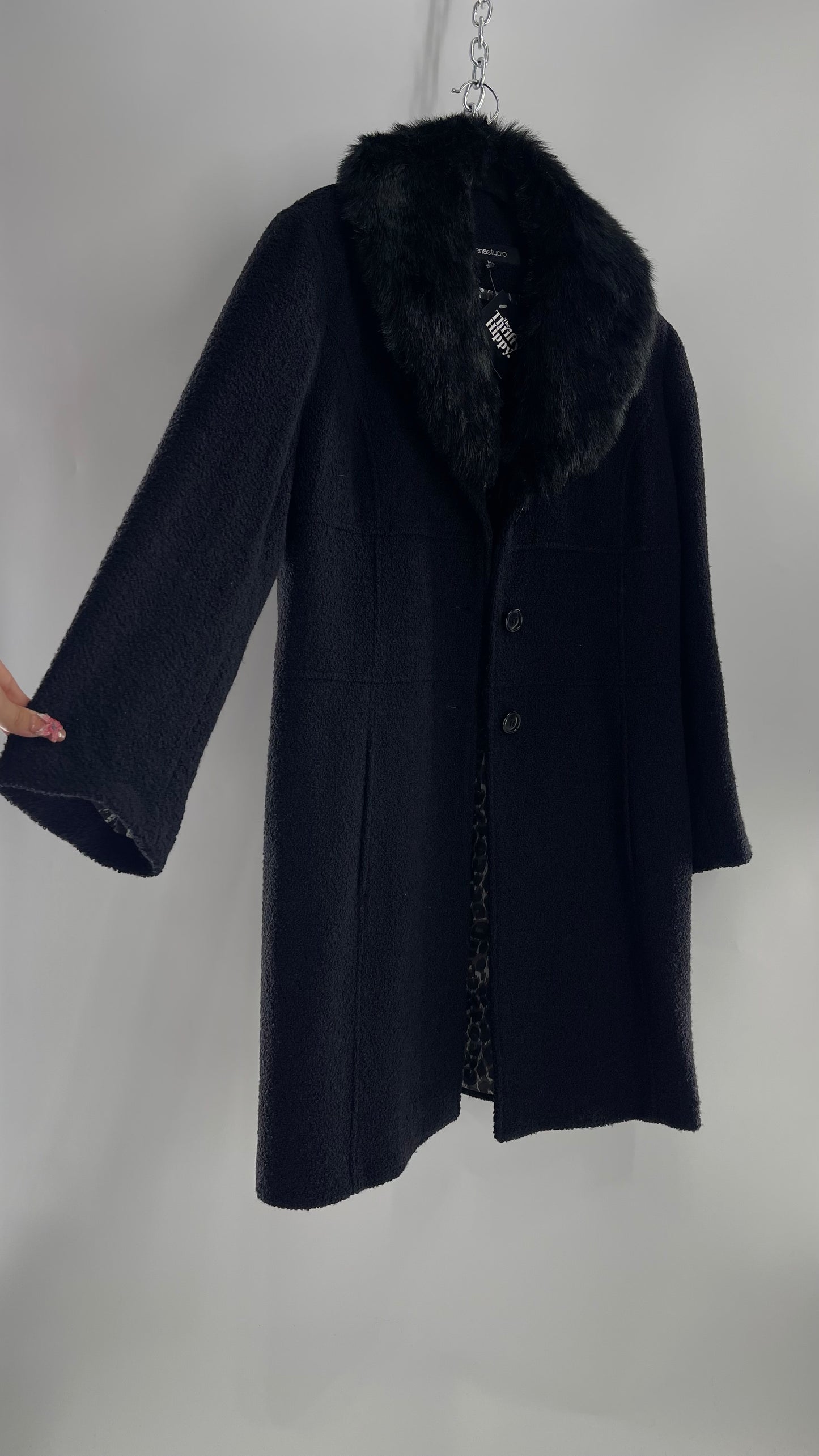 Vintage Sienna Studio Black Bouclé Coat with Faux Fur Detachable Collar and Leopard Lining (Large)