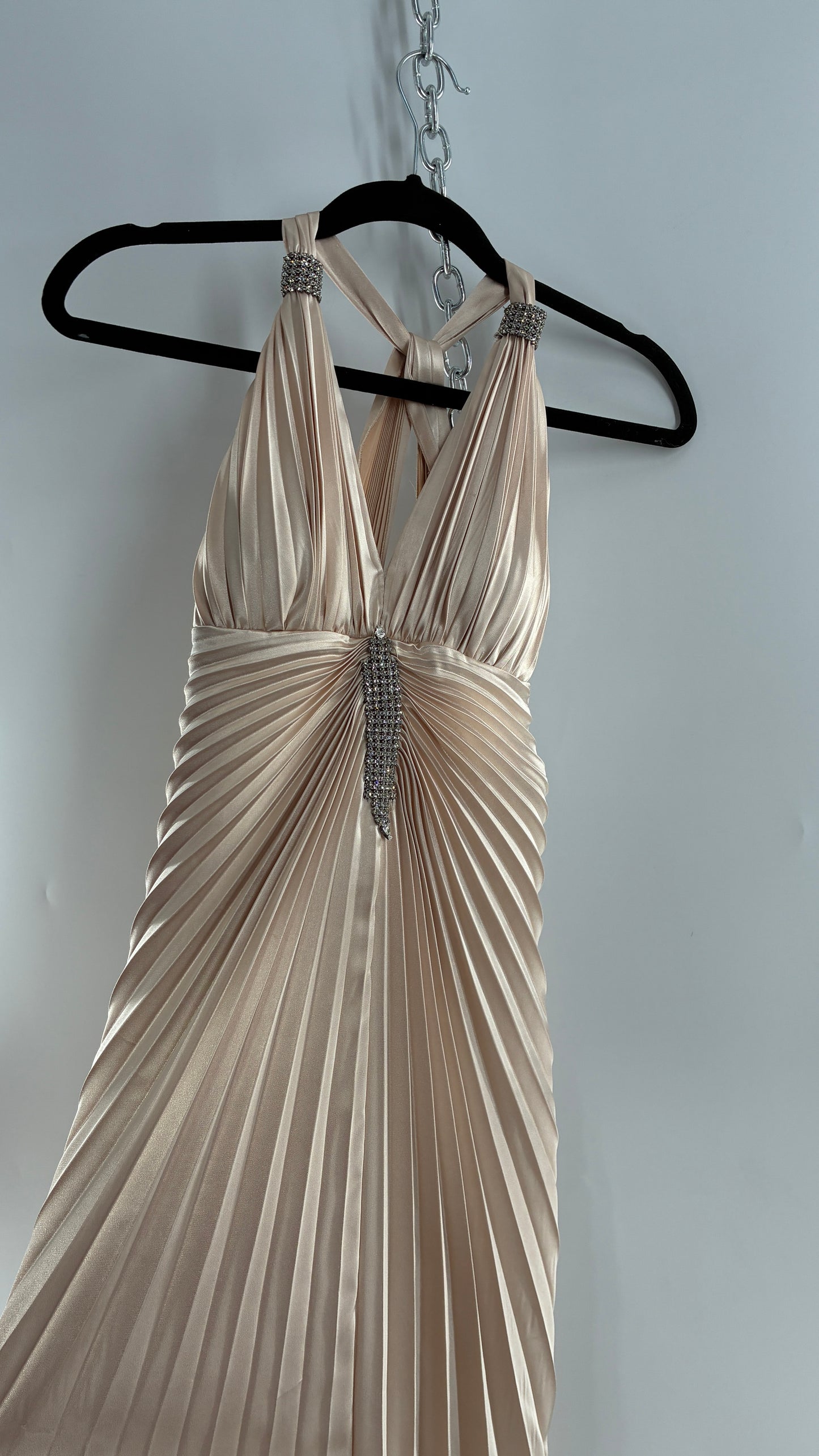 Vintage ISSUE Pleated Champagne Gown with Vented Slit Front, Crystal Bust Appliqué and Strap Cuffs (2)