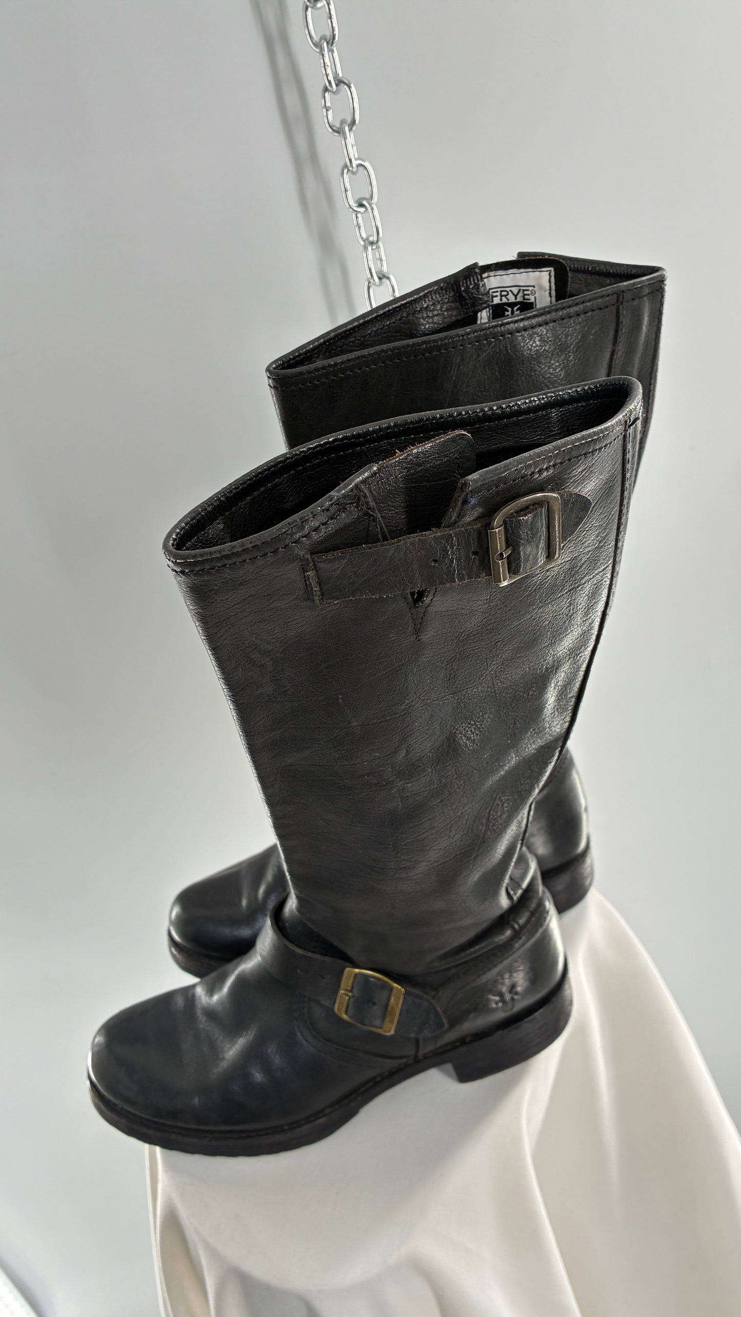 Vintage FRYE Veronica Tumble Shiny Black Leather Slouch Boot (8)