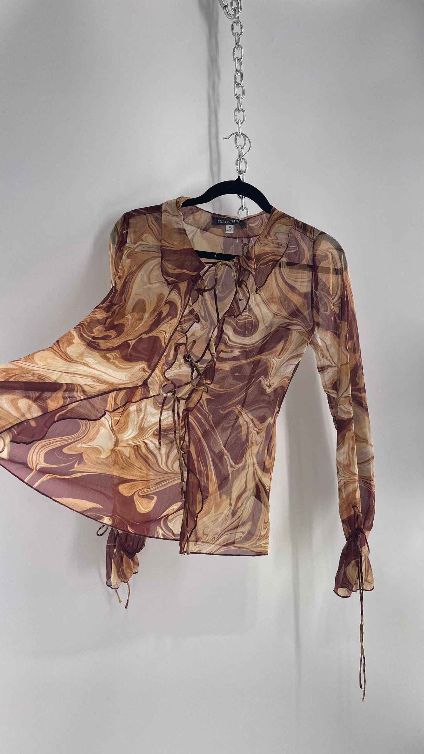 Urban Outfitters Marbled Brown Sheer Tie Front Balloon Sleeve Blouse (Small)