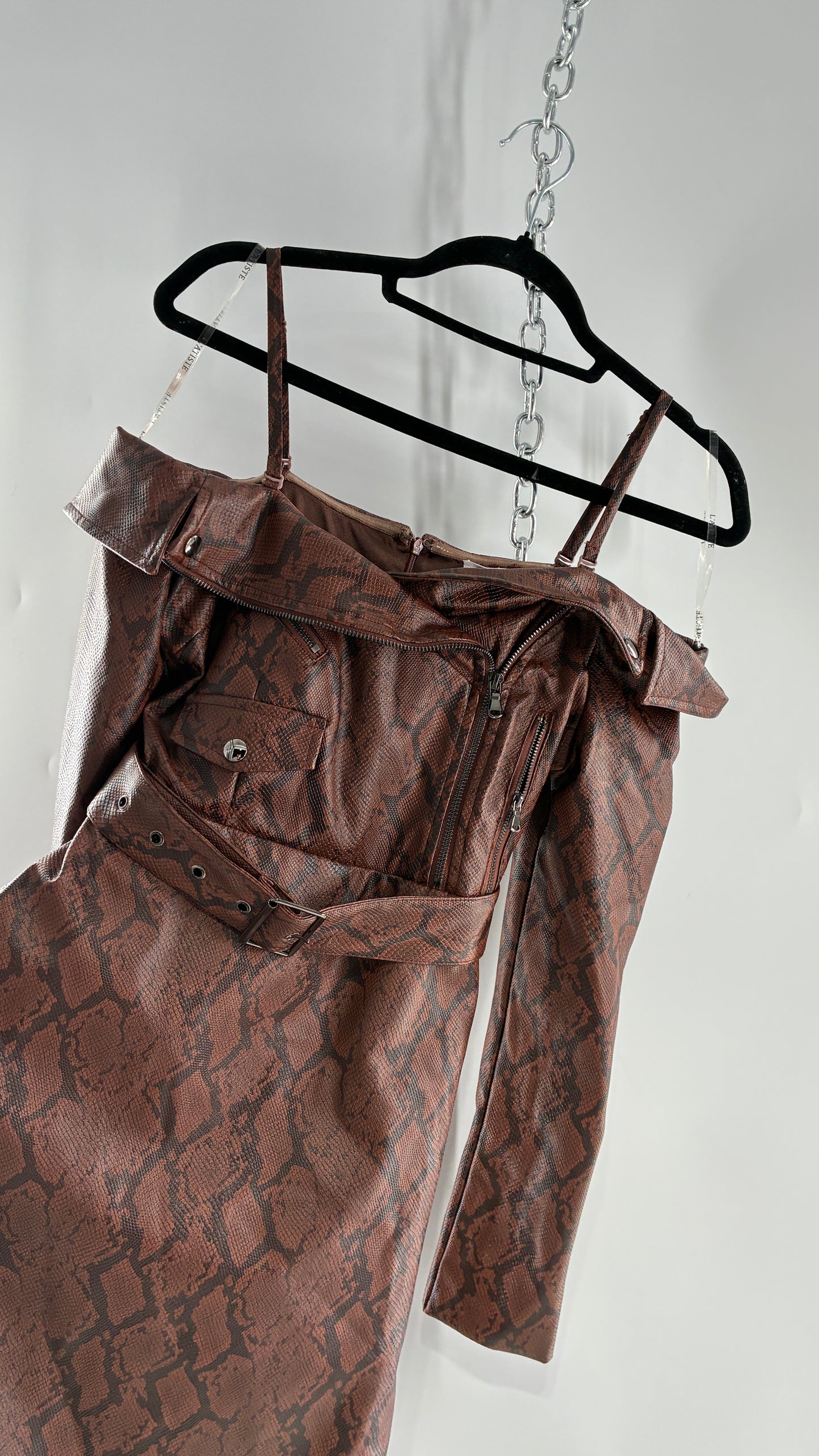 L’ATISTE Snakeskin Vegan Leather Moto Off the Shoulder, Knee High Dress (Medium)