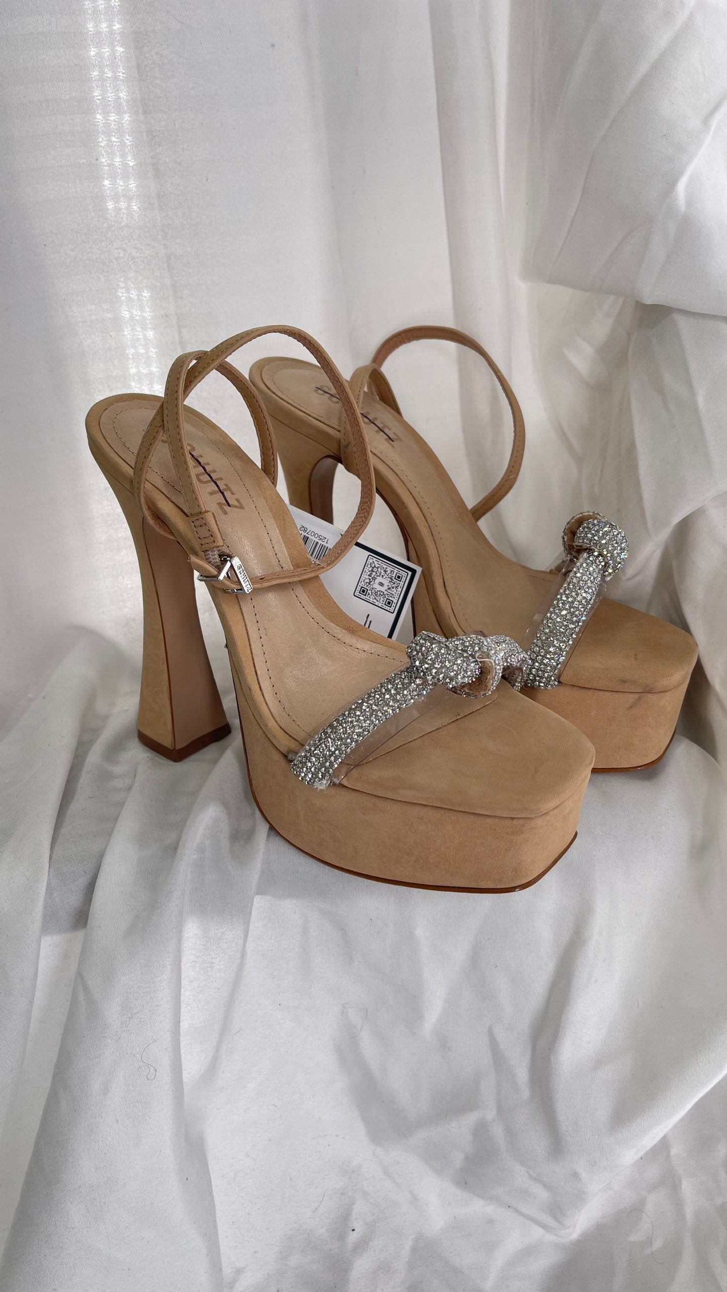 SCHÜTZ Peaky Beige/Tan/Nude Platform Heel with Funky Heel and Clear Knot Rhinestone Toe Strap (6)