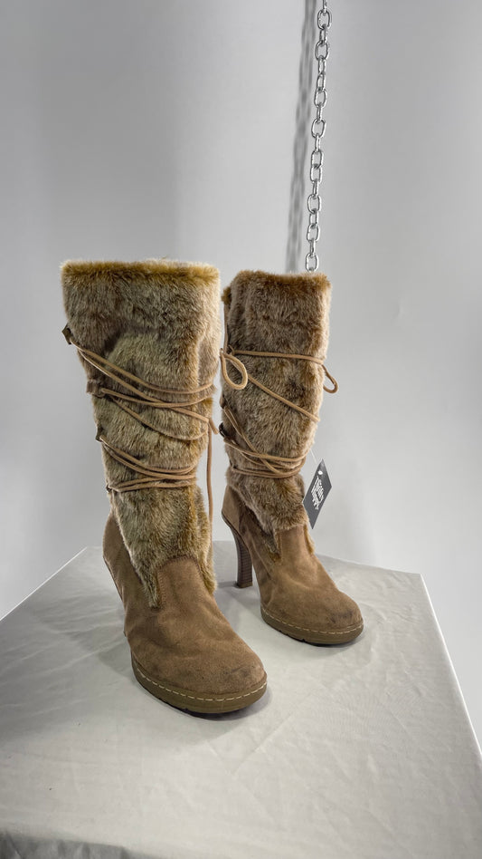 Vintage Round Toe Faux Fur Booties with Tie Up Details (7.5)