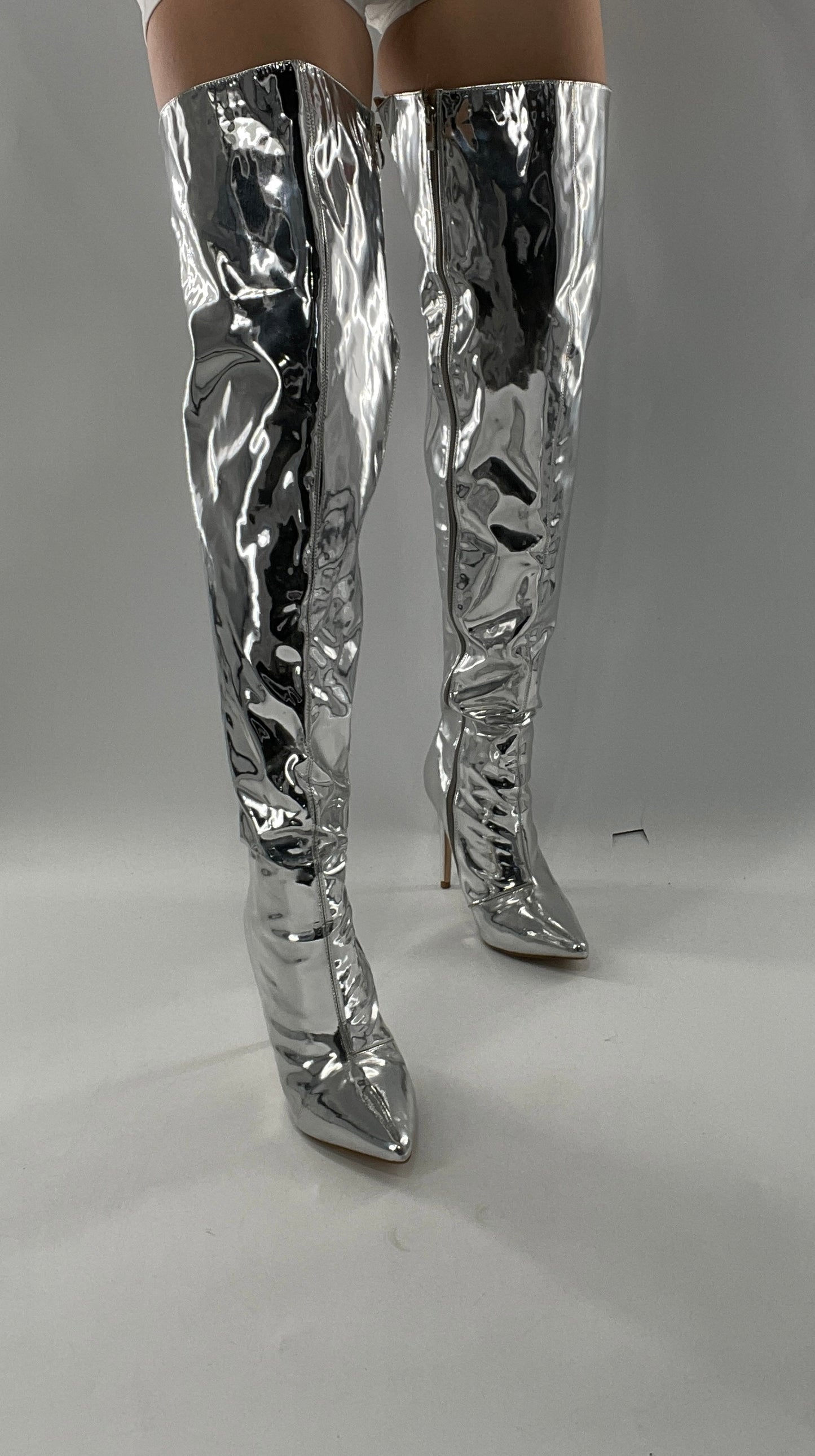 Vintage Chrome Platinum Mirrored Thigh High Molten Metal Sky High Boots Space Cadet/Concert (7)