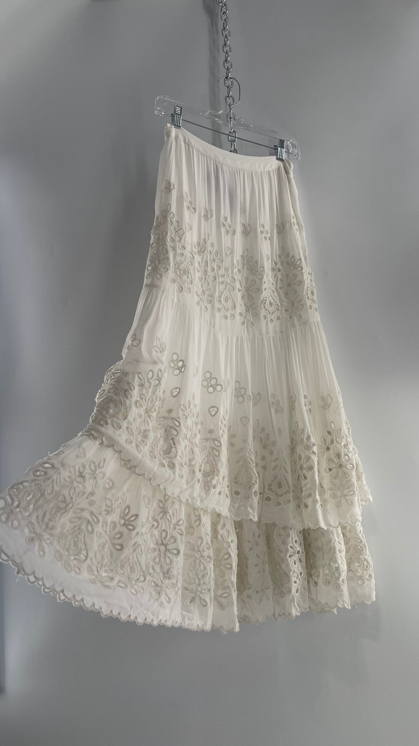 Free People White Embroidered Eyelet/Lace Voluminous Tiered Ruffle Full Length Skirt (4)